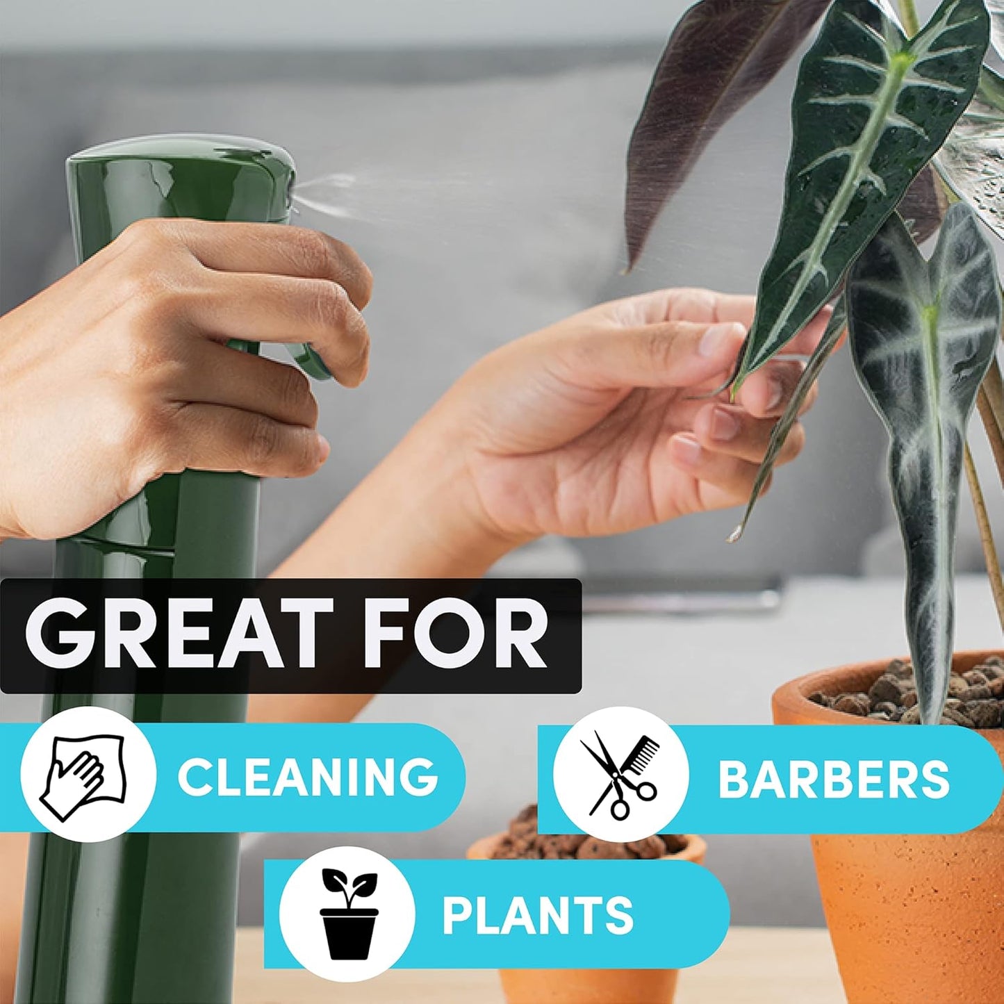 Hula Home Continuous Spray Bottle for Hair (10.1oz/300ml) Empty Ultra Fine Plastic Water Mist Sprayer – For Hairstyling, Cleaning, Salons, Plants, Essential Oil Scents & More - Green