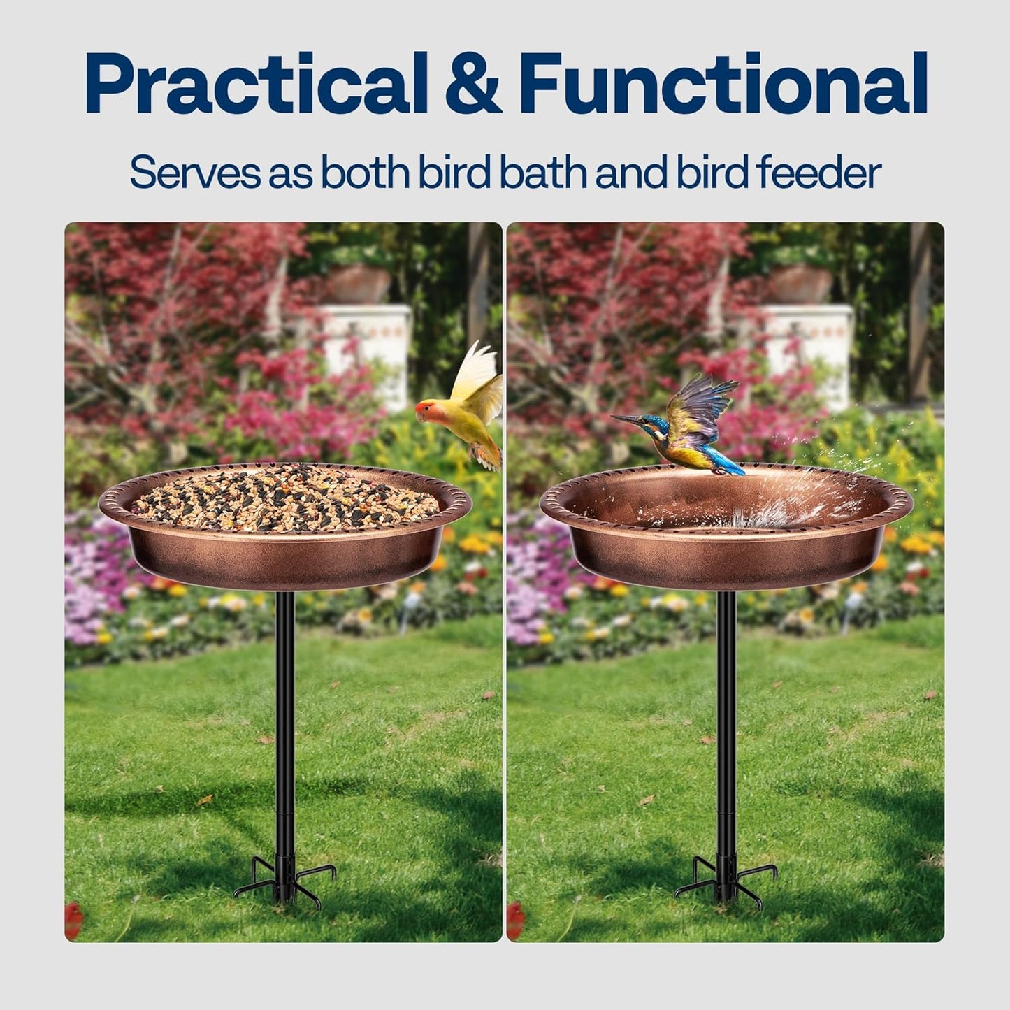 VIVOHOME Oval Polyresin Bird Bath Bowl with Metal Stake, 29 Inch Height Outdoor Freestanding Birdfeeder, Capacity 1.3 Gallons, 5-Pronged Base, Bronze