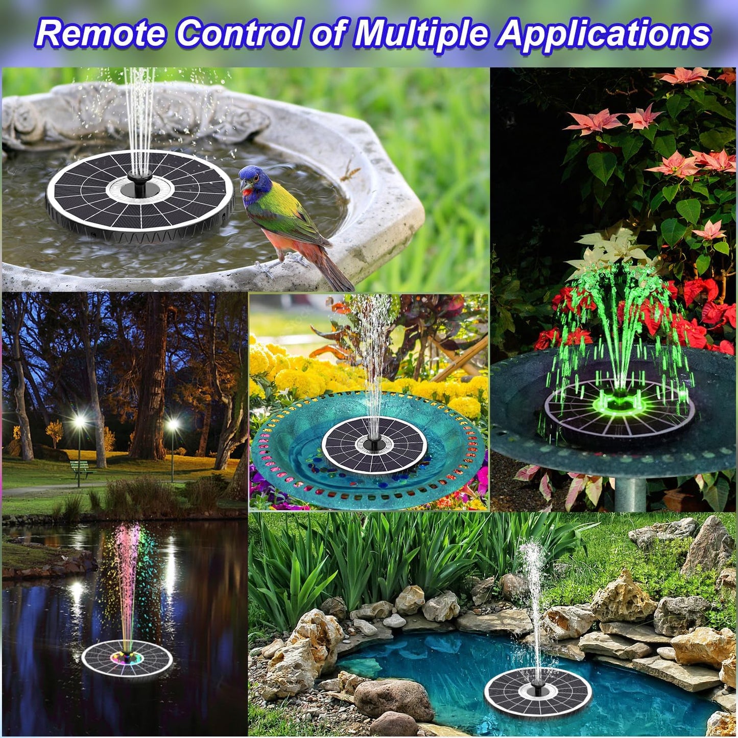 SZMP Solar Fountain 2025 Upgraded, 6W Remote Bird Bath Fountain, 4000mAh Solar Water Fountain Pump with 7 Nozzles & 4 Fixers, Colorful Lights for Garden, Pond, Pool, Outdoor-Adjust Water Height