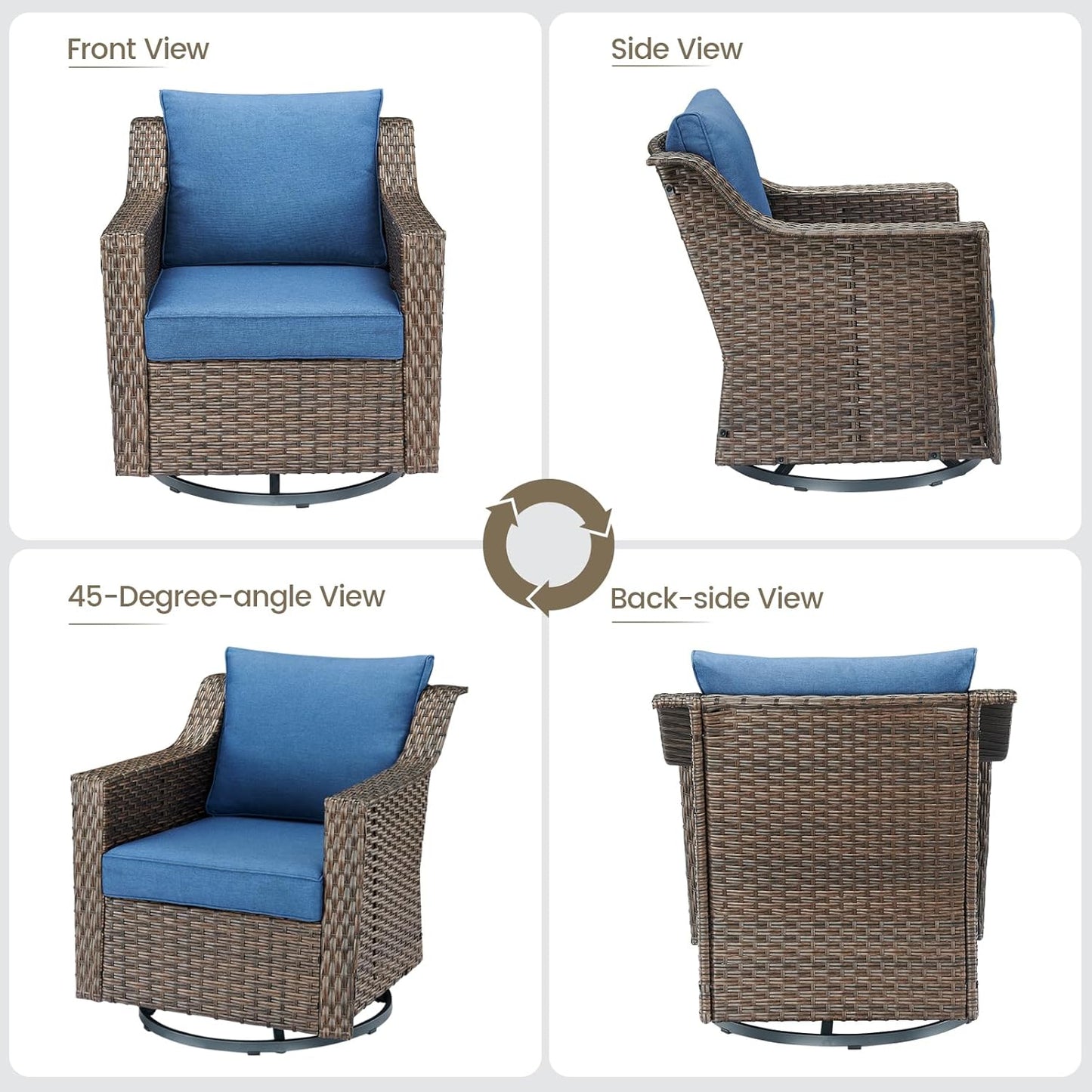 Outdoor Wicker Patio Furniture Set - 5 Piece Outside Rattan Conversation Bistro Dining Chair Sets with Rocking Swivel Chairs, 3-Seat Couch and Ottomans for Porch Yard Balcony – Brown/Blue