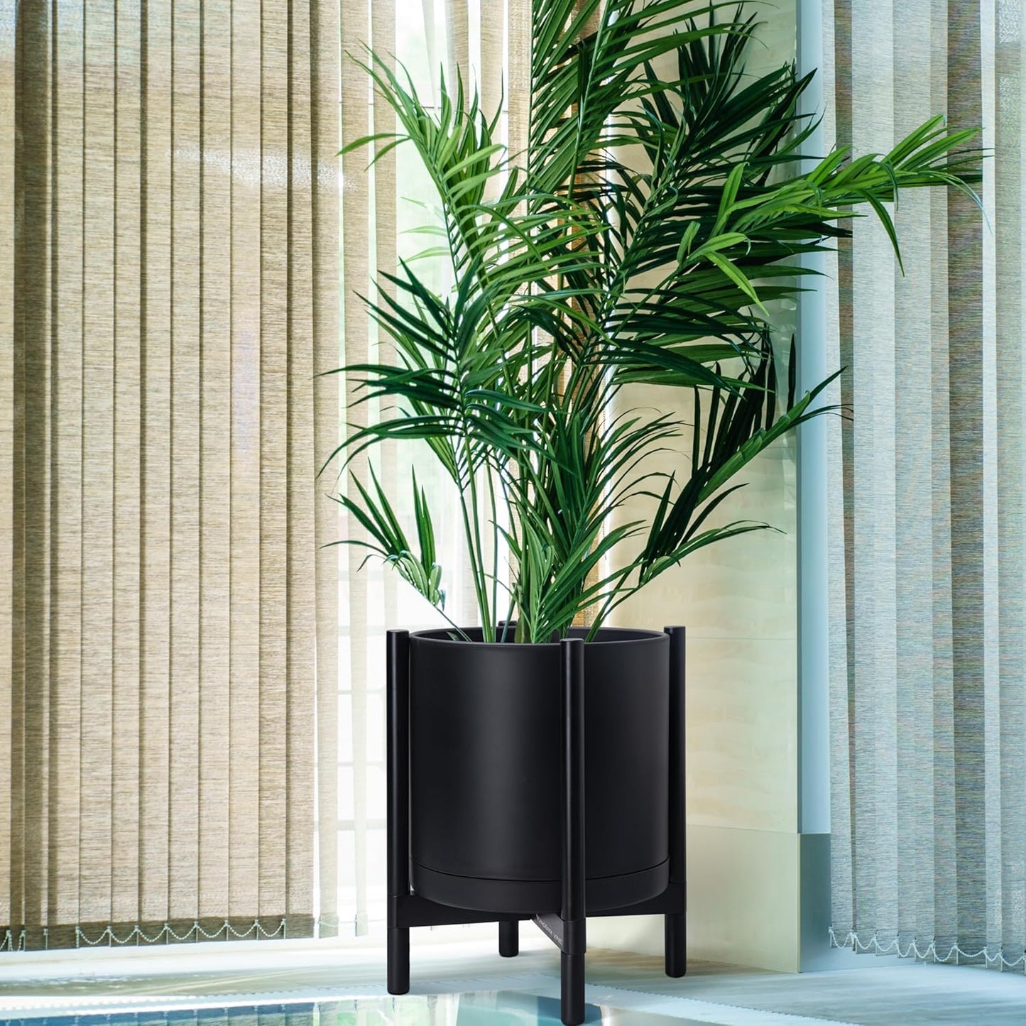 D'vine Dev Planter Pot with Stand - 16 Inch Plastic Cylinder Flower Pot with Wood Planter Holder for Indoor, Matte Black Pot + Ebony Stand, 55-C-Z-2