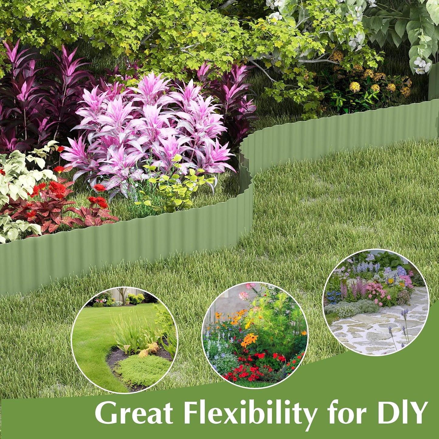 Metal Garden Edging Border, Corrugated Steel Landscaping, DIY for Lawn (Green, 10 Inch x 20FT)