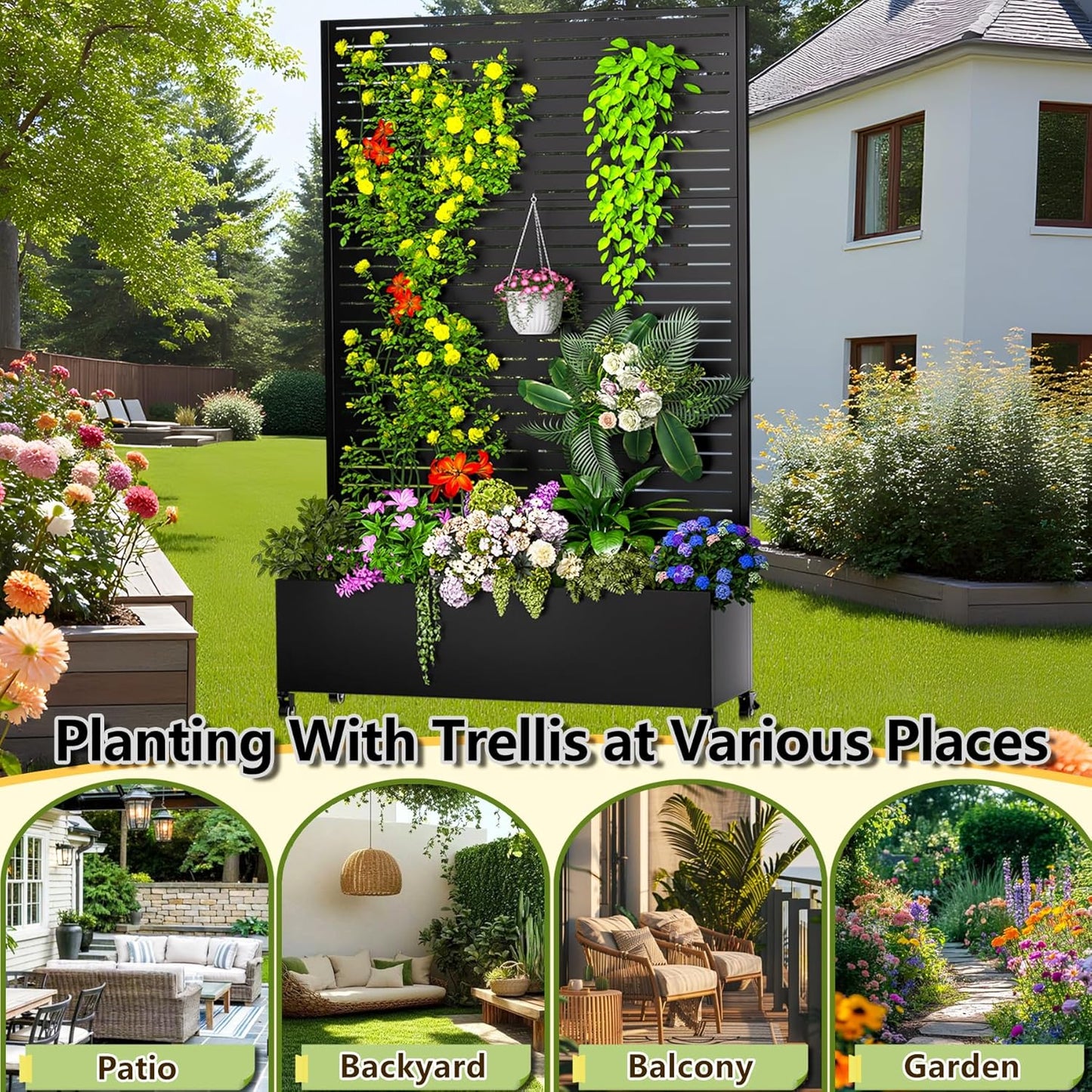 Metal Planter Box with Trellis, 72"x47"x16" Outdoor Galvanized Raised Garden Bed with Privacy Screen & Drainage Holes & Lockable Casters for Climbing Plants, Vegetable, Vines (Black-Louvered)