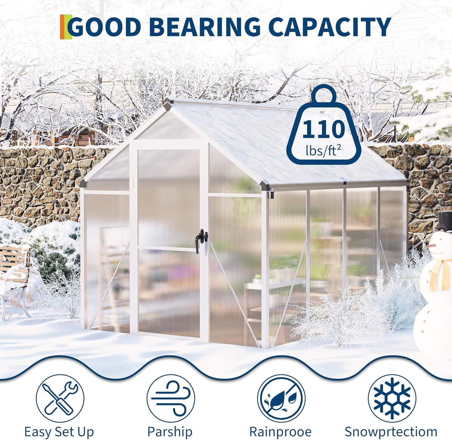 6x8 FT Greenhouse for Outdoors, Polycarbonate Flower Greenhouse with Roof Vent, Push-Pull Lockable Door, Aluminum Walk-in Greenhouses for Outside Garden Backyard, Patio, Lawn, Silver