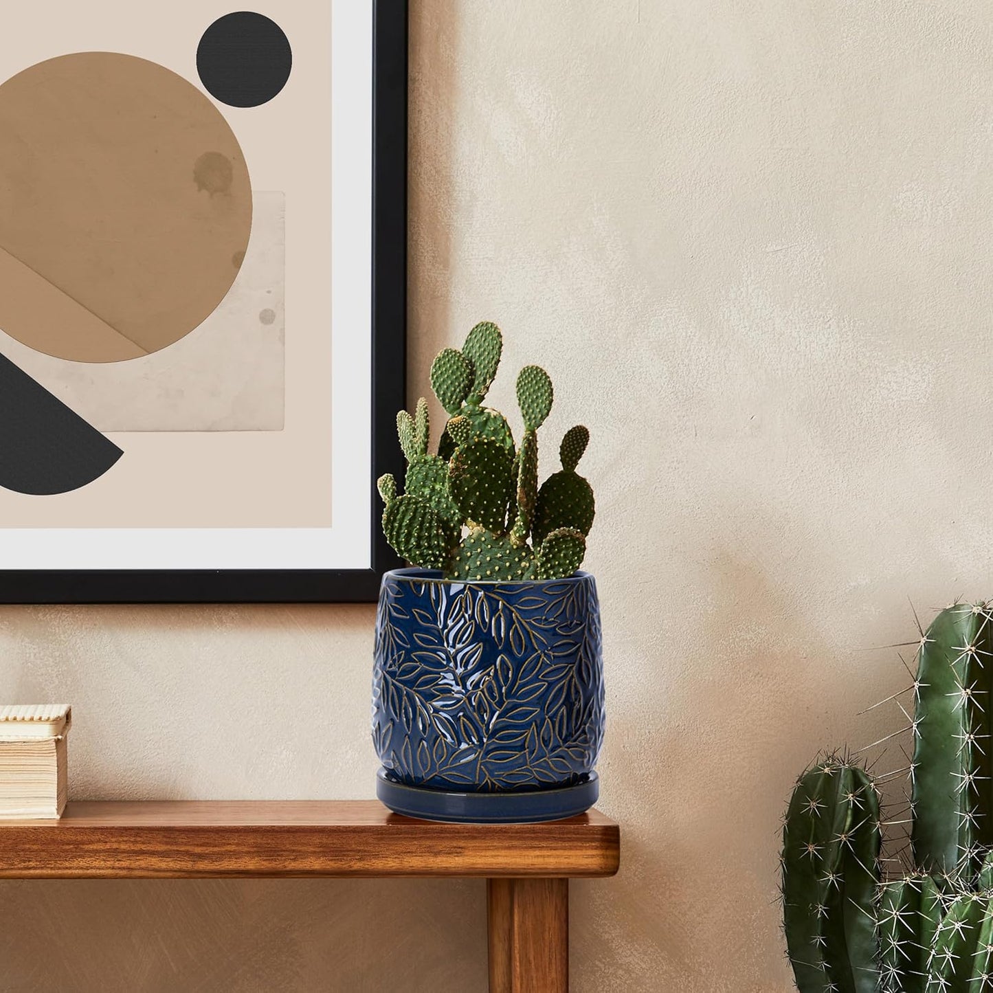 D'vine Dev 6 Inch Embossed Leaves Stoneware Planter Pot with Drainage Hole and Saucer, Midnight Blue, Set of 2, 27-F-X-3