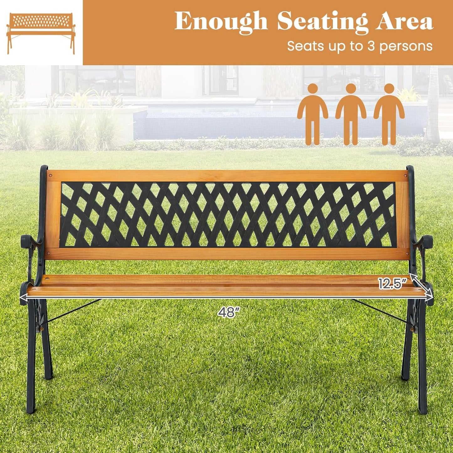 Giantex 49.5" 3-Person Outdoor Bench with Lattice Pattern Backrest, 470 Lbs Capacity, Slatted Seat, Curved Armrests, Cast Iron Metal Bench for Garden, Outside, Patio, Porch, Yard, Park