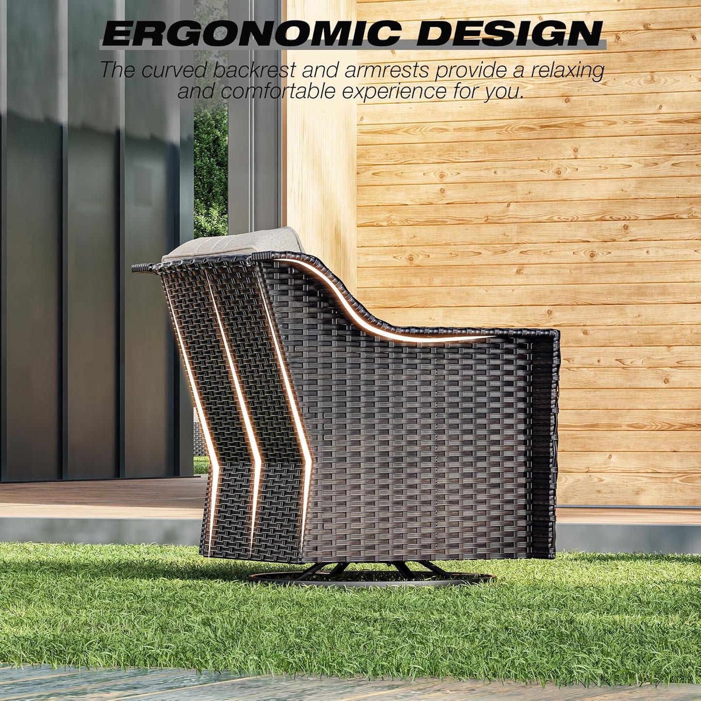 Joyside Wicker Patio Furniture Sets, 4 Pieces Upgraded Large Size Outdoor Furniture with Swivel Rocking Patio Chairs and Outdoor Ottoman, Thick Cushions, Wide Armrest