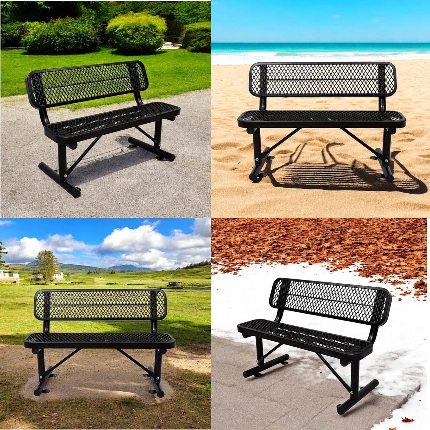 4 FT Heavy Duty Metal Park Bench with Back for Outside, Outdoor Black Bench with Backrest & Portable Frame, 1-3 Person Seat-Commercial Benches Garden Benches for Outdoors