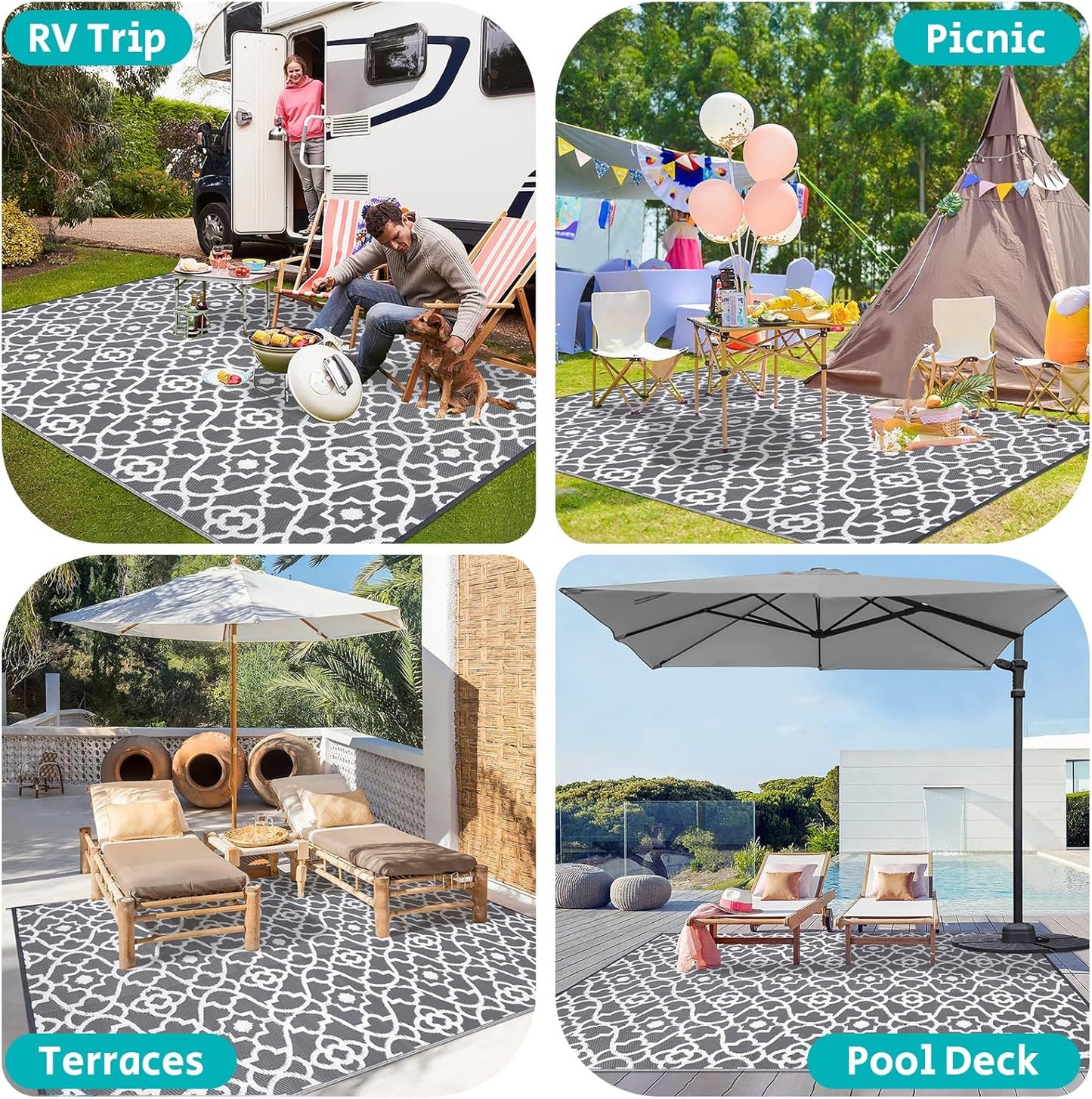 HEBE Outdoor Rug Waterproof 9x12, Plastic Straw Rug Camping Rug, Reversible Outdoor Patio Rugs RV Mat Clearance, Indoor Outside Floor Carpet for Porch,Deck,Camper,Balcony,Backyard