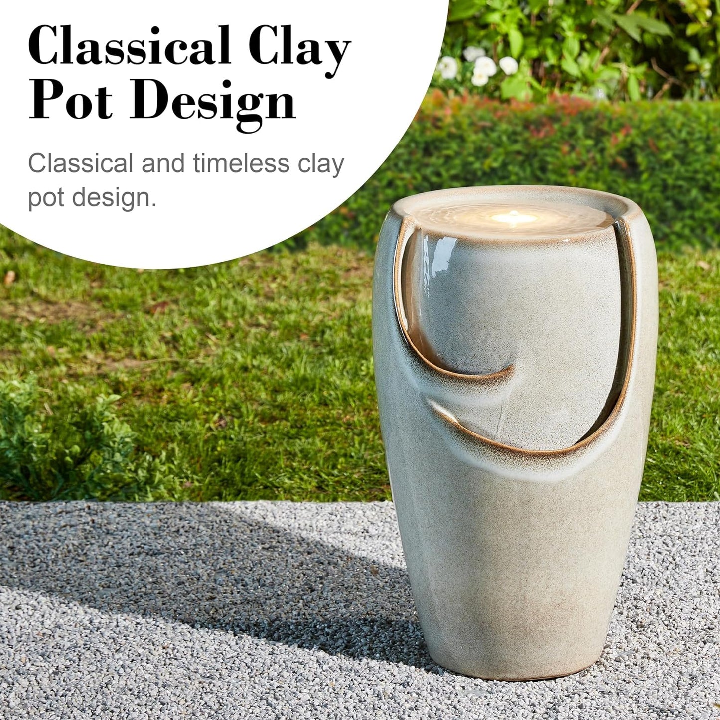 Glitzhome 21.25" H Ceramic Vase Outdoor Water Fountain Tall Patio Garden Water Fountain with LED Light and Submersible Pump Yard Art Decor, Sand Beige