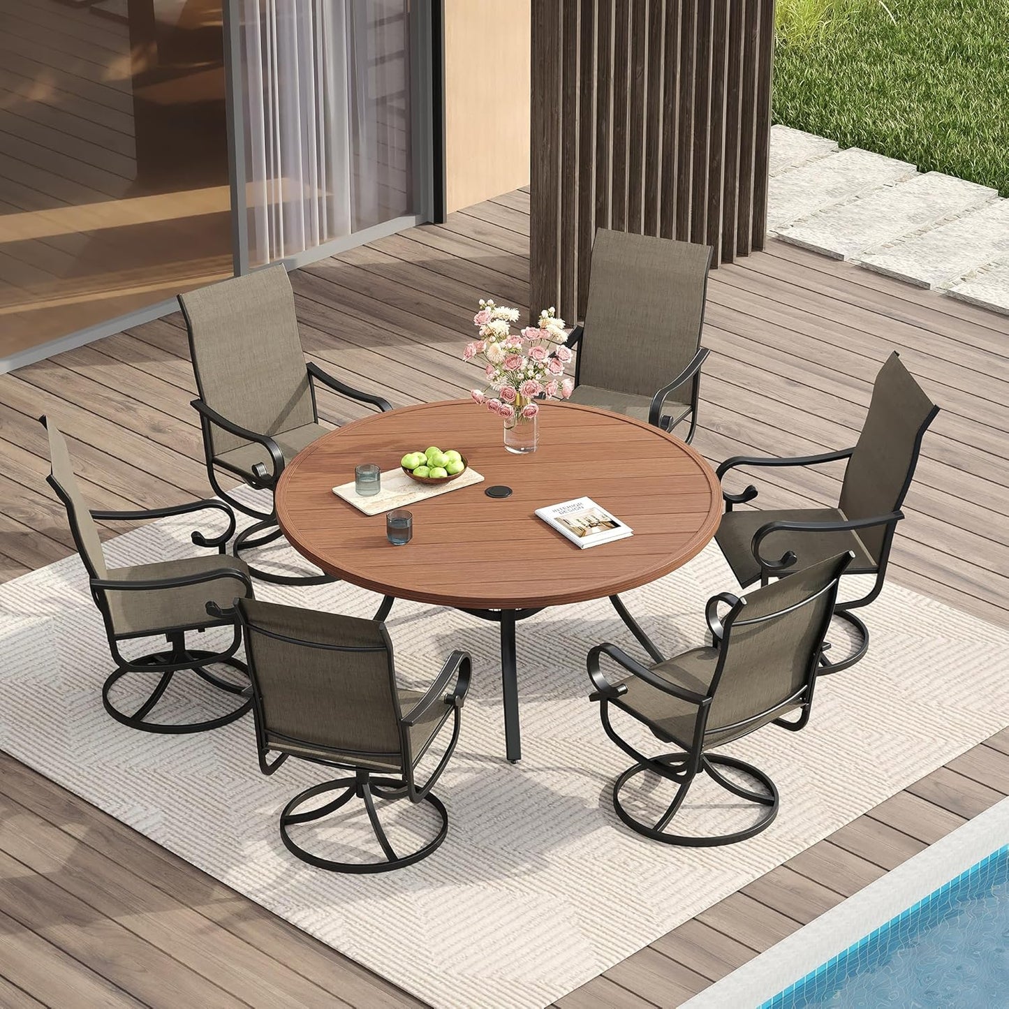 VICLLAX 47.2" Outdoor Round Patio Table for Lawn Garden, All Weather Metal Round Outdoor Dining Table with Adjustable Umbrella Hole, 6 Person Patio Table, Walnut Wood-Like Tabletop