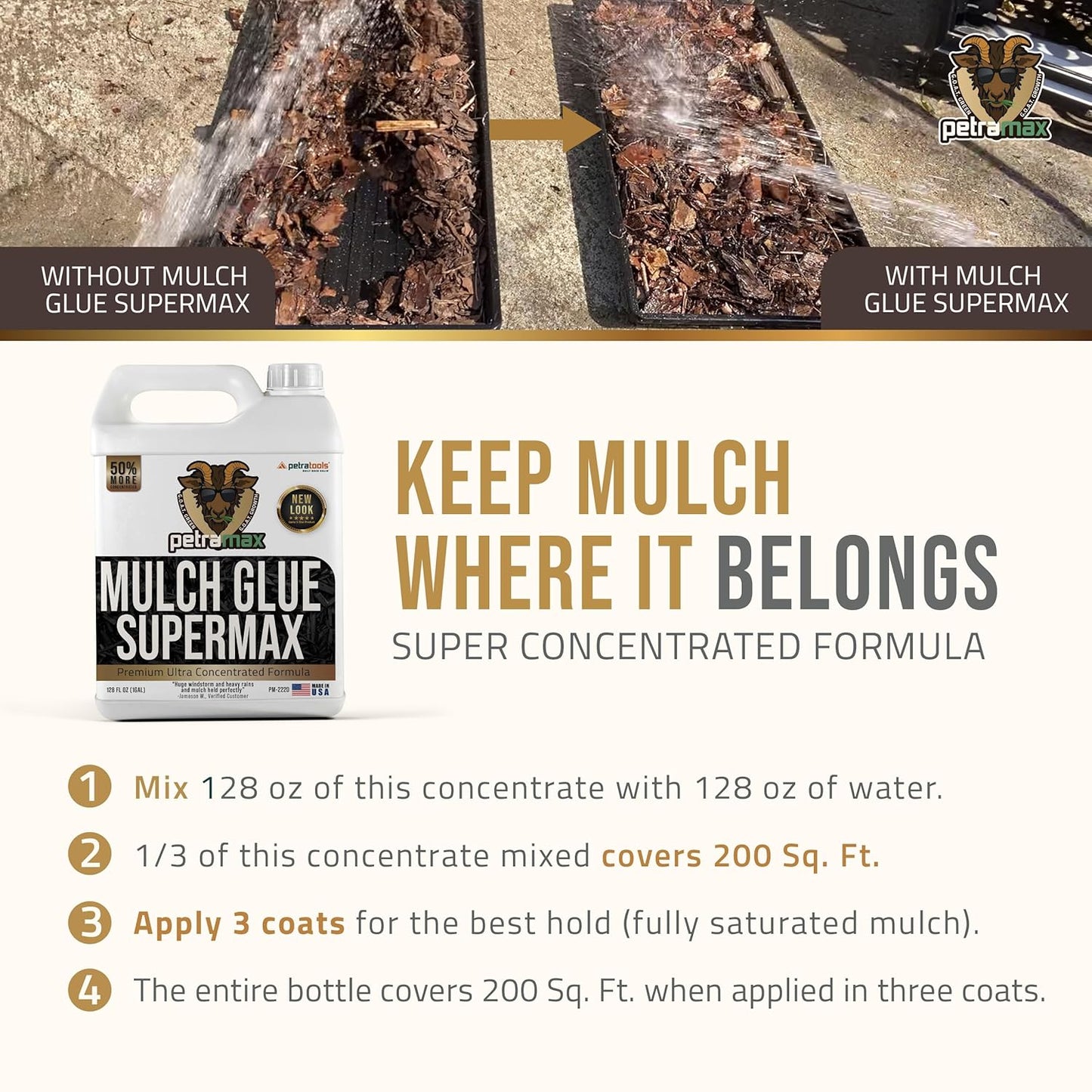 PetraMax Mulch Glue for Landscaping - Max Concentrate, Weed Barrier, Non-Toxic Pea Gravel Binder, Rock & Gravel Stabilizer, Dries Clear (Super, 1G)