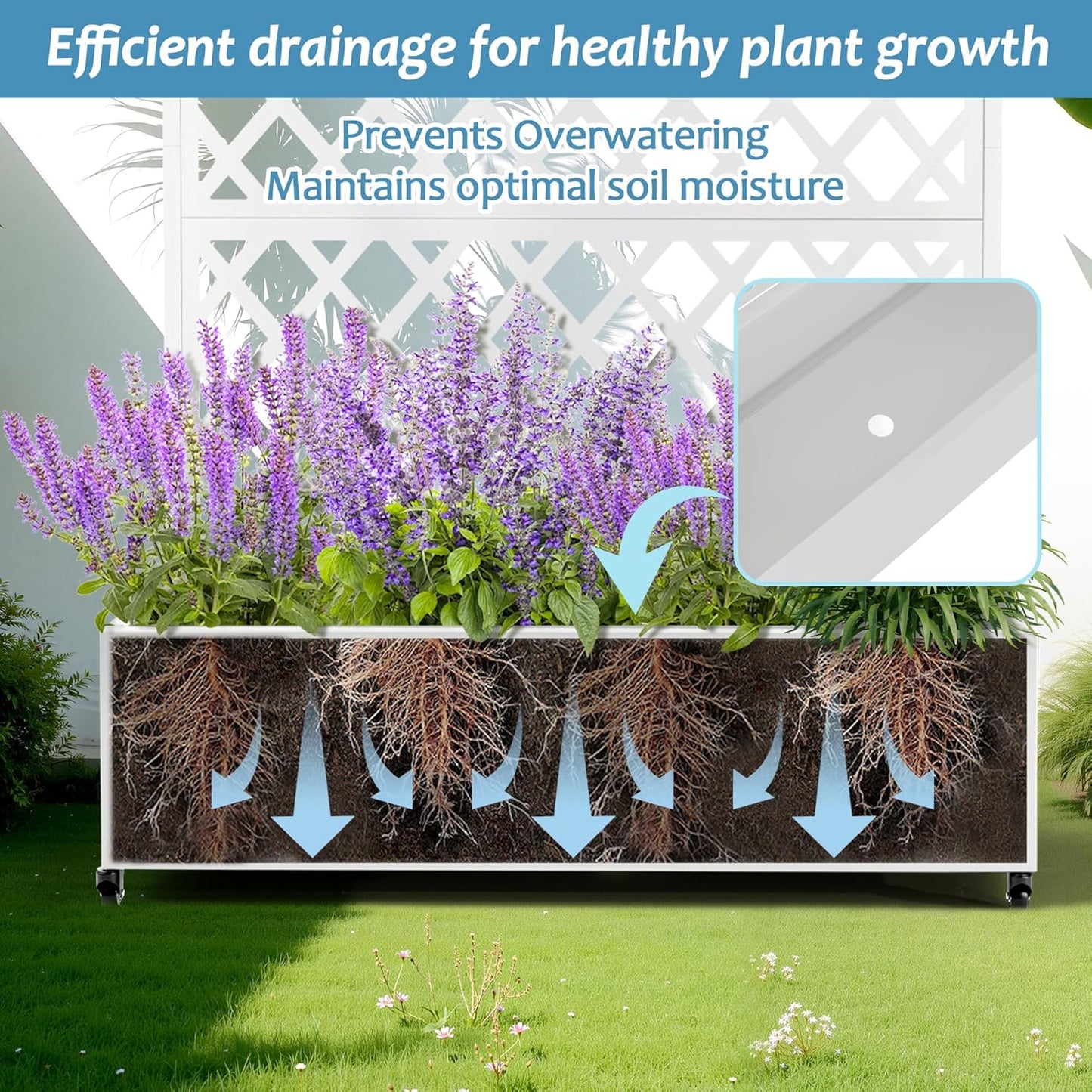 Metal Planter Box with Trellis & Wheels, Raised Garden Bed with Privacy Screen, Outdoor Standing Flower Beds with Drainage Hole for Climbing Plants, Vine, 47.2''L×15.7''W×70.9''H, White