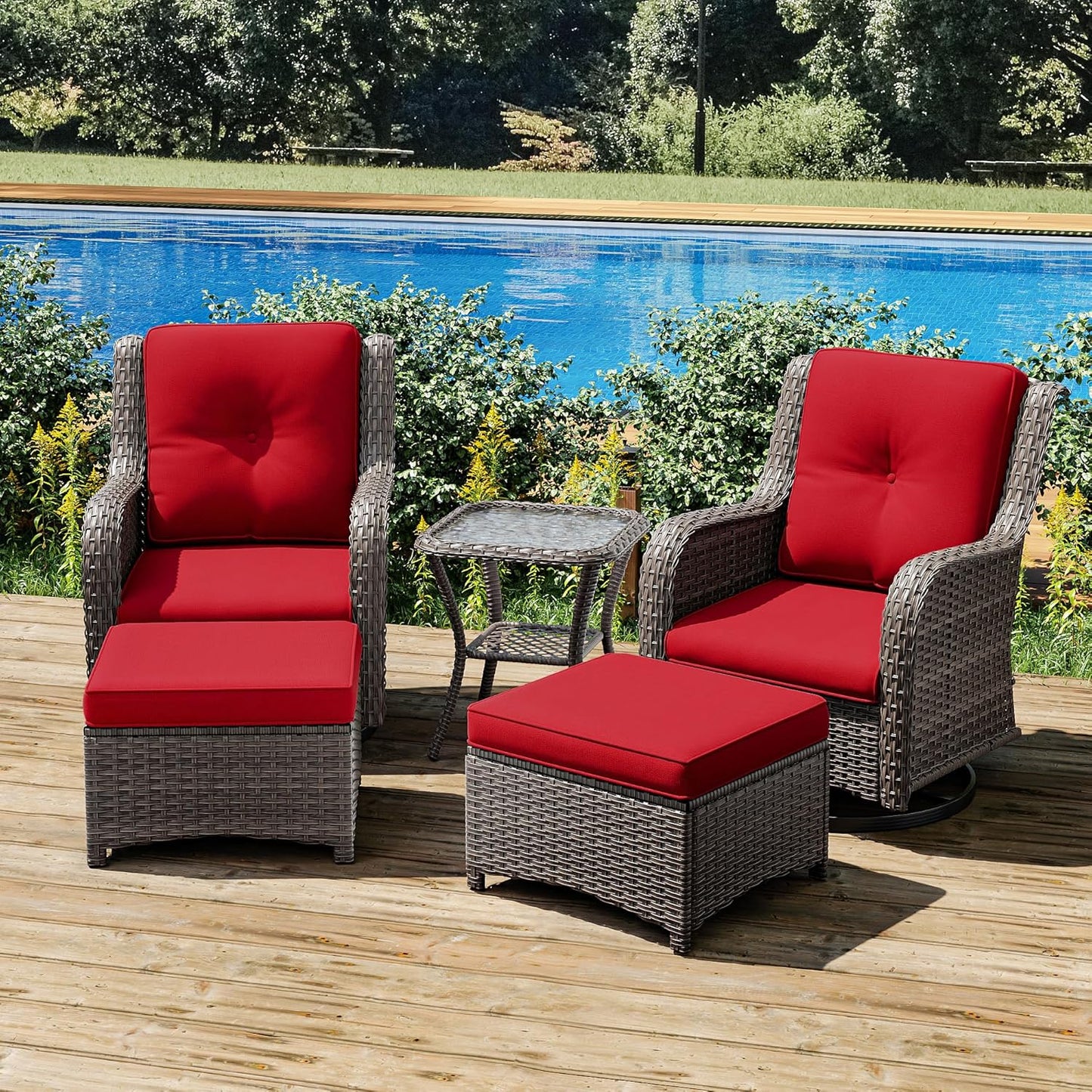 Joyside 5 Piece Outdoor Patio Furniture Set Wicker Conversation Bistro Set Swivel Rocking Chairs with Side Table and Ottomans for Backyard, Porch, Deck(Mixed Grey/Red)