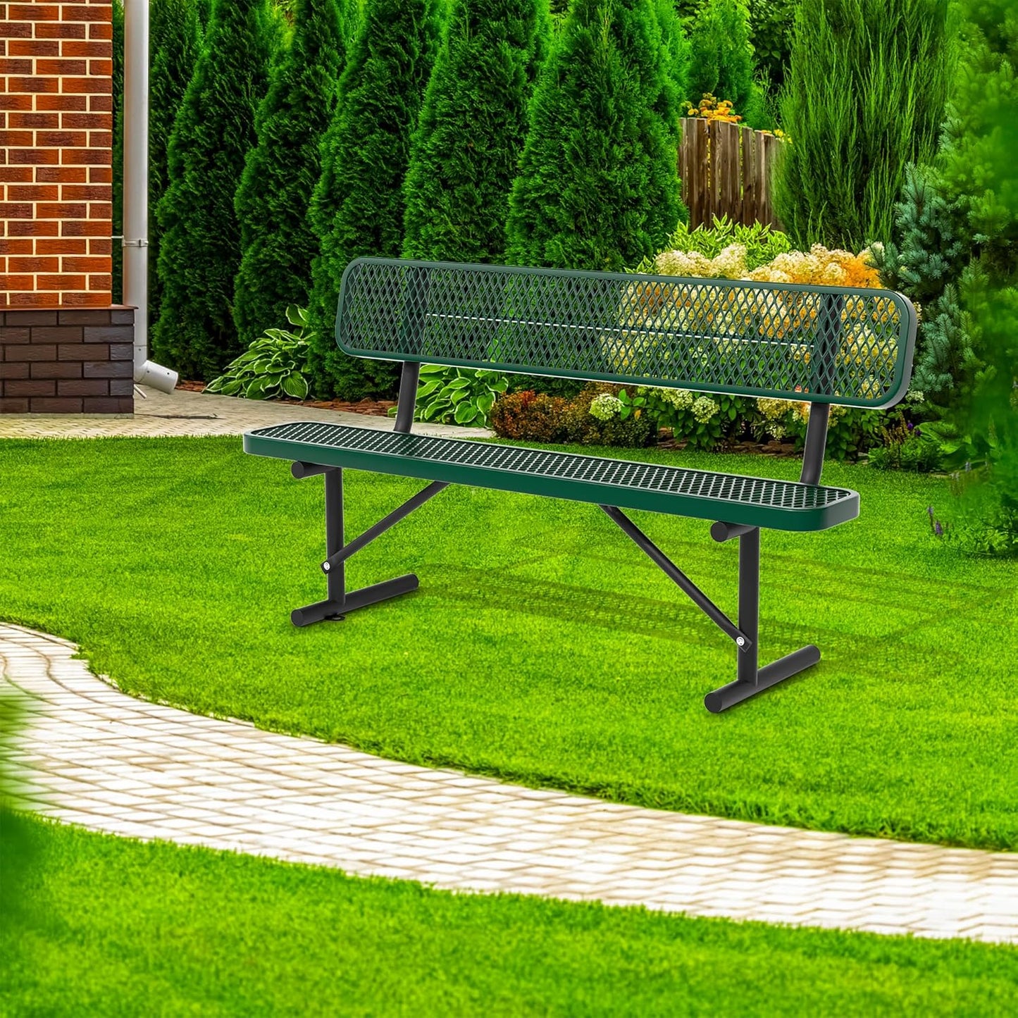 4/6/8 Feet Park Bench for Outside Heavy Duty Metal, Garden Benches Outdoor Bench with Backrest & Portable Frame, for Shopping Malls Stores Parks Patios Decks, Green