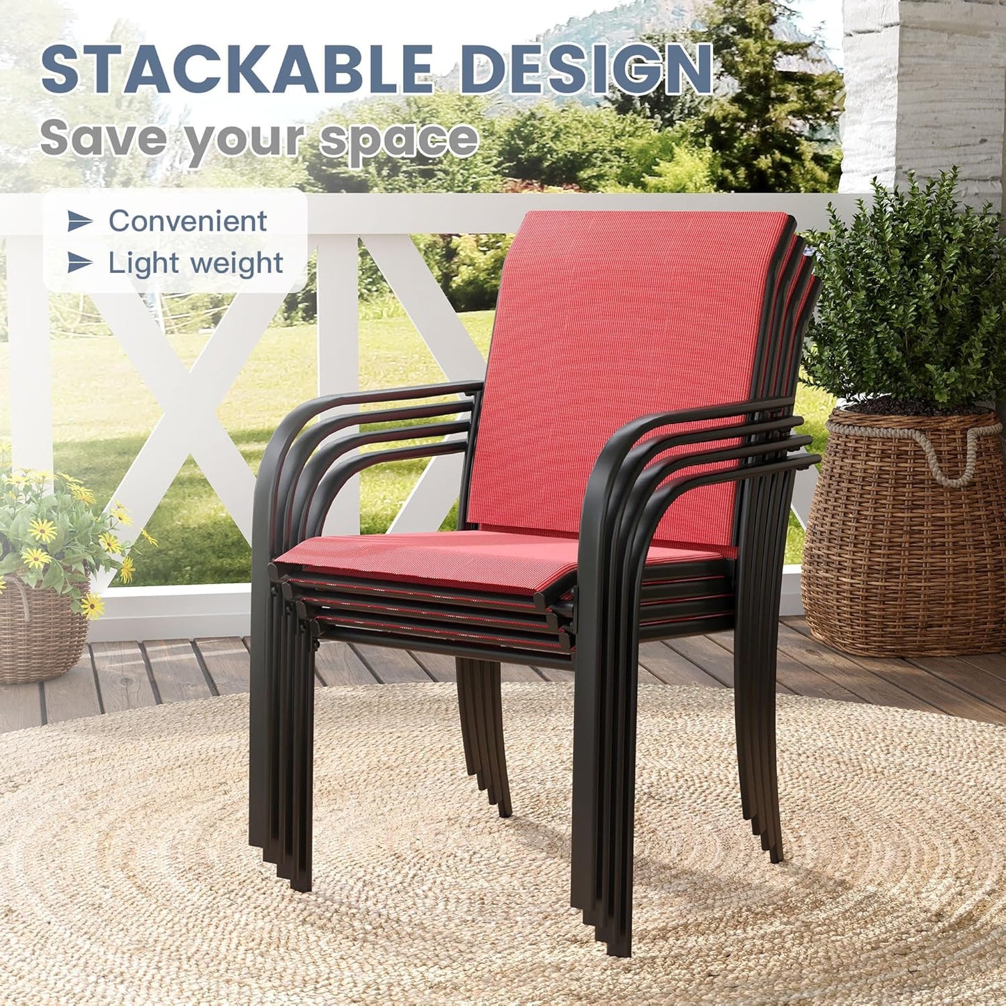 VICLLAX Patio Dining Set for 8, 9 Pieces Outdoor Furniture Set Includes 56.3" Round Patio Table and 8 Patio Stackable Chairs, Outdoor Table and Chairs for Outsides, Black Tabletop and Red Fabric