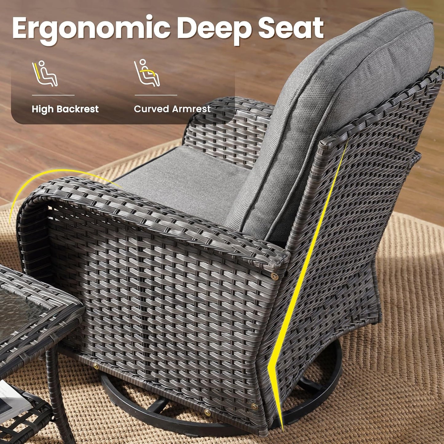 ovios 7 Pieces Patio Furniture Set, Outdoor Wicker Sofa with Swivel Chairs, Coffee Table, All Weather High Back Rattan Loveseat Couch with Comfy Cushions, Dark Grey