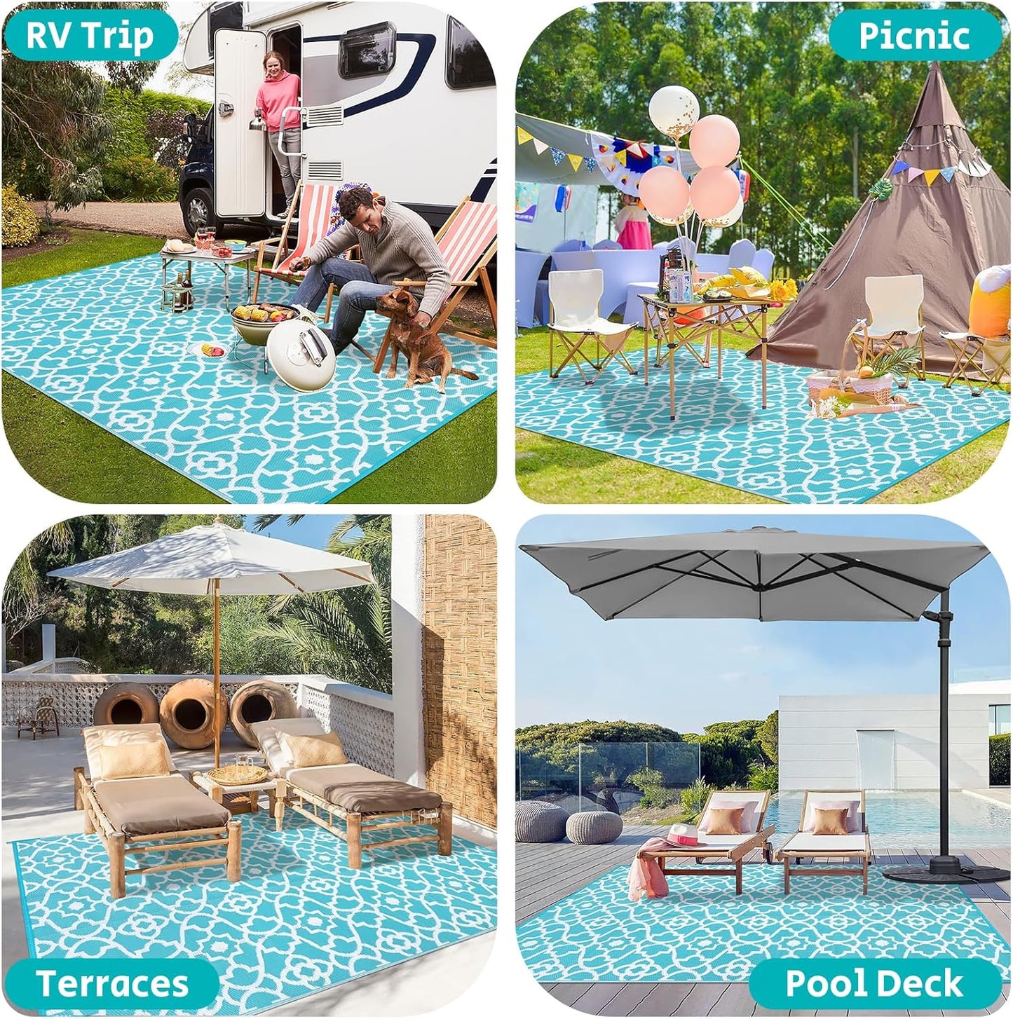 HEBE Outdoor Rug Waterproof 8x10, Plastic Straw Rug Camping Rug, Reversible Outdoor Patio Rugs RV Mat Clearance, Indoor Outside Floor Carpet for Porch,Deck,Camper,Balcony,Backyard