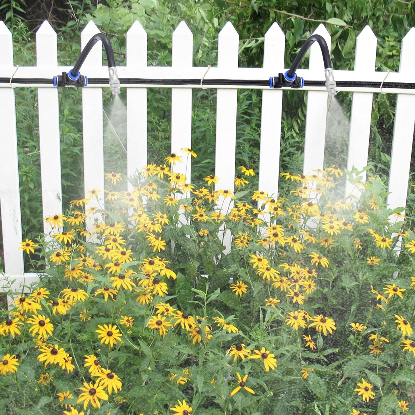 Mornajina 5 Packs Brass Misting Nozzles Tee with 20 inch Built in Hose for Outside Misting System, Adjustable 360° Rotation, Water Mister Nozzles Thread Sprayer 0.043" (1.1 mm)