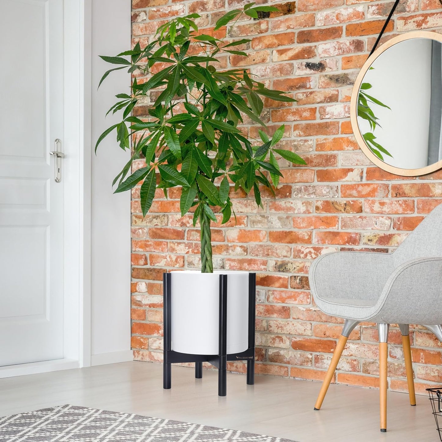 D'vine Dev Planter Pot with Stand - 12 Inch Plastic Cylinder Flower Pot with Wood Planter Holder for Indoor, Matte White Pot + Ebony Stand, 55-C-Q-1