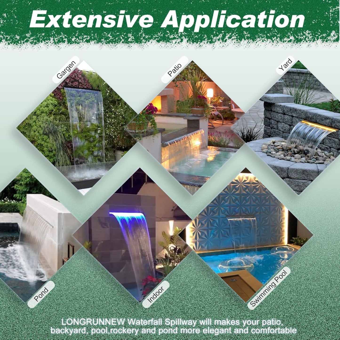 Pool Fountain, LONGRUNNEW Transparent Acrylic Pool Waterfall Spillway with Pipe Connector Kits for Indoor/Outdoor Decorative, 35.4 Inches Pool Water Feature for Garden Patio, Backyard Koi Pond Decor