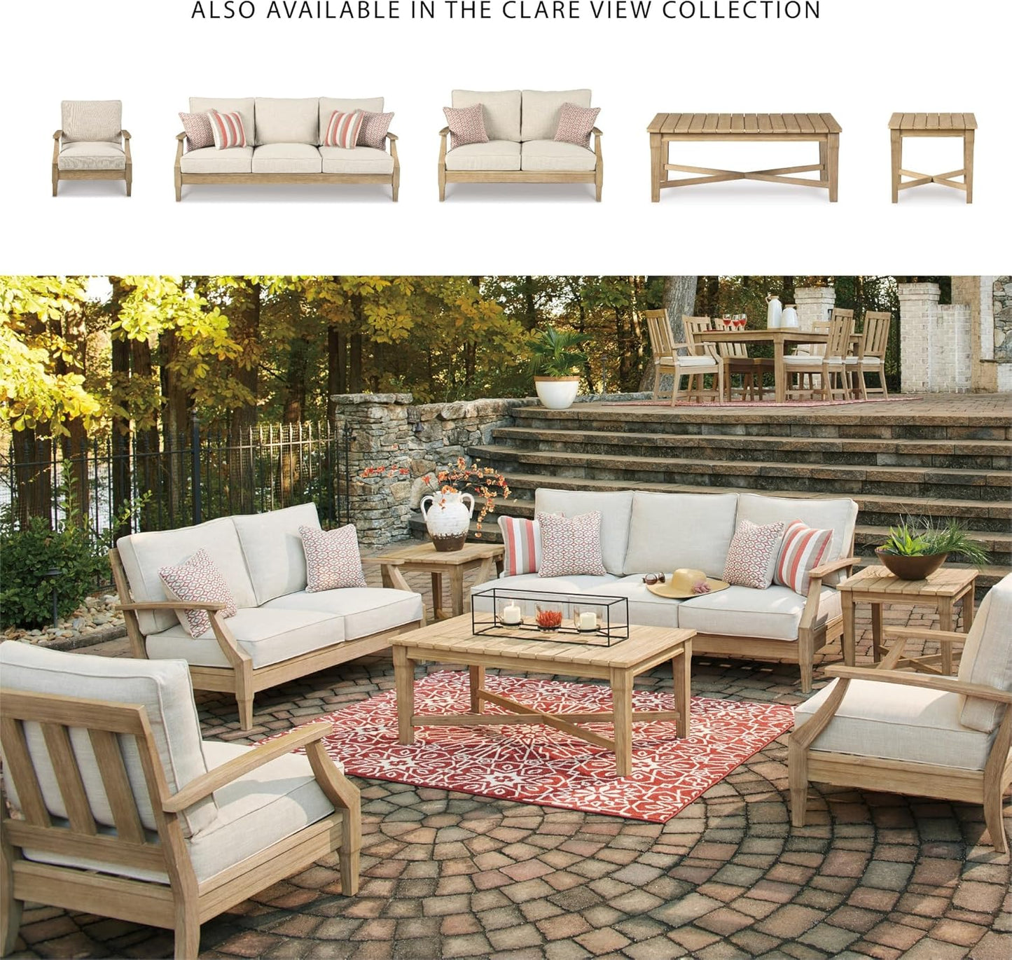 Signature Design by Ashley Clare View Coastal Outdoor Patio Eucalyptus Loveseat with Cushions, Beige