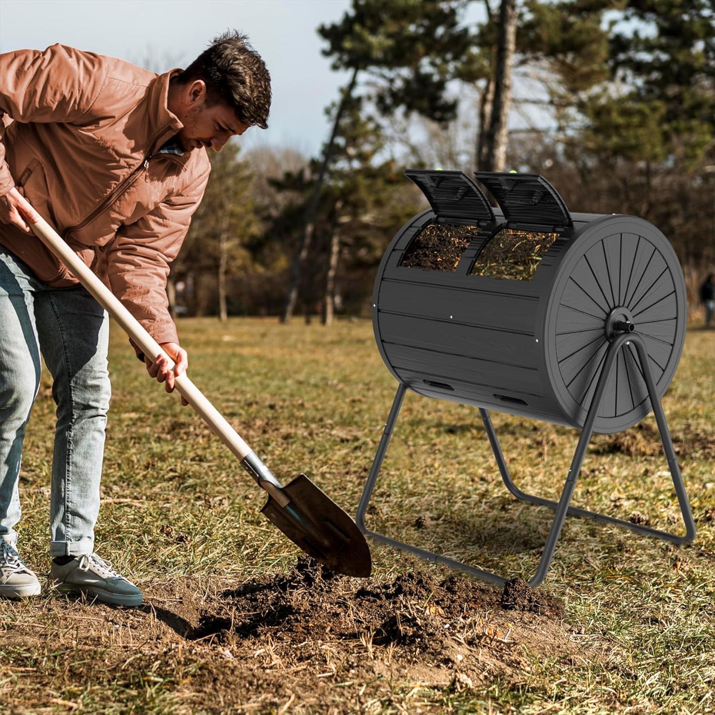 Dual-Chamber Outdoor Compost Tumbler, 37.5-Gallon Efficient Rotating Composter, UV-Resistant and Weatherproof, for Garden, Kitchen, and Yard (Black)