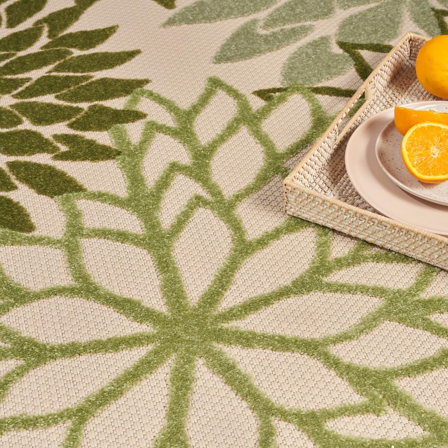 Nourison Home Aloha Indoor/Outdoor Ivory Green 5'3" x Round Area Rug, Easy Cleaning, Non-Shedding, Bed Room, Living Room, Dining Room, Backyard, Patio, Deck (5 Round)