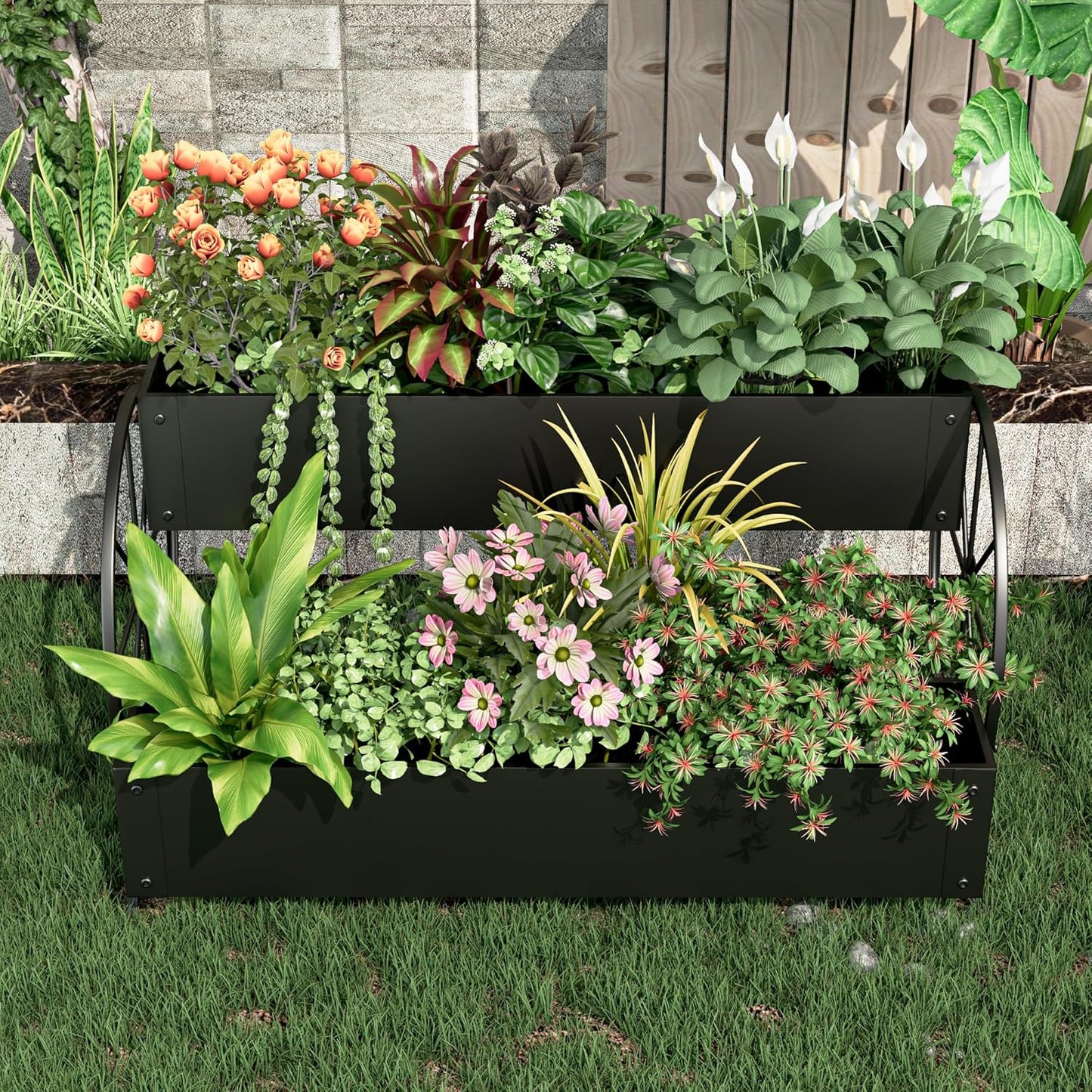 Metal Wagon Planter Box, 2-Tier Garden Planter with Wagon Wheels, Decorative Outdoor Planters for Flowers Herbs Vegetables, Flower Cart Small Raised Garden Bed for Patio, Balcony (Black)