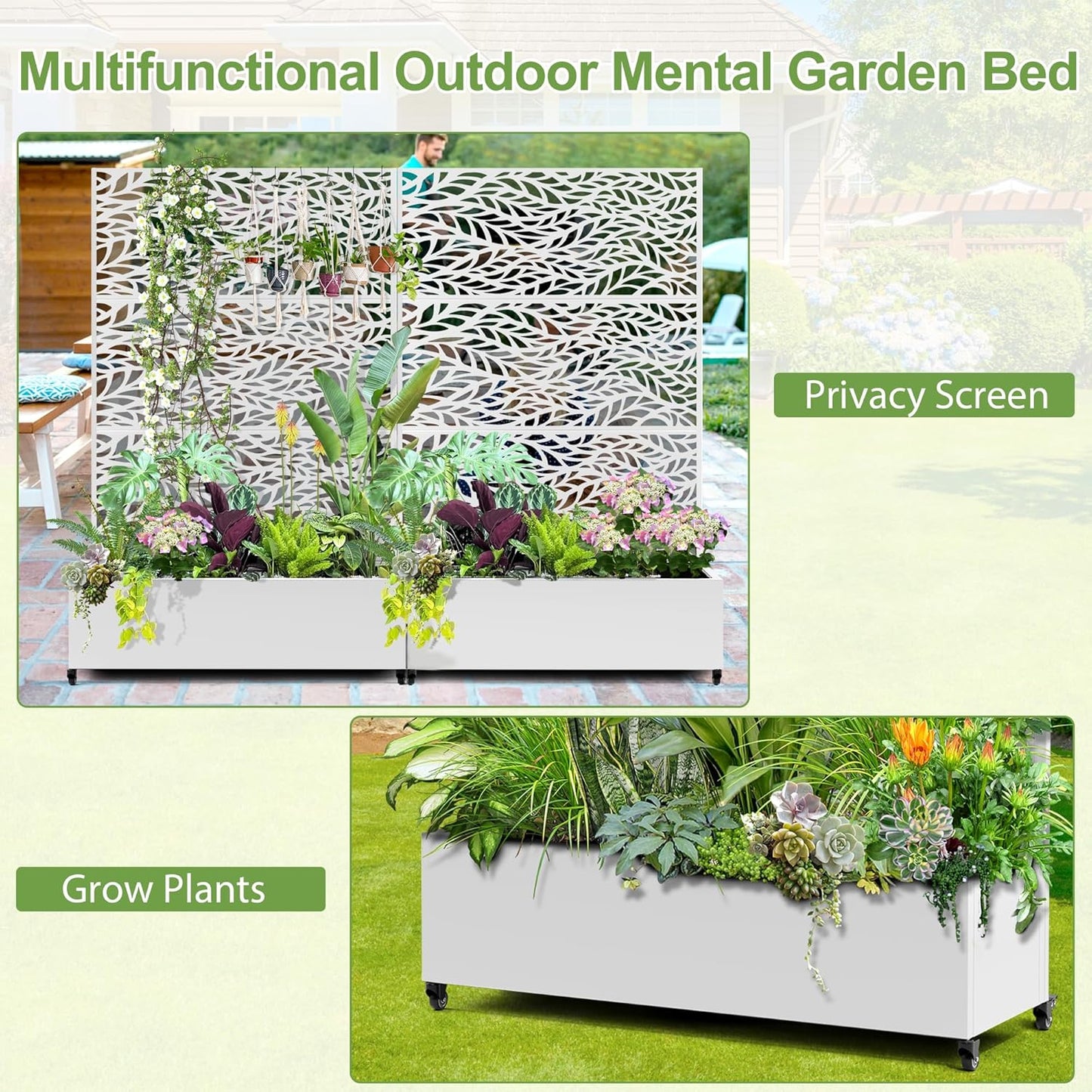 Raised Garden Bed with Trellis and Wheels,73"x47"x16" Metal Raised Garden Bed,White Flowing Leaf Metal Planter with Climbing Trellis for Vines & Vegetables