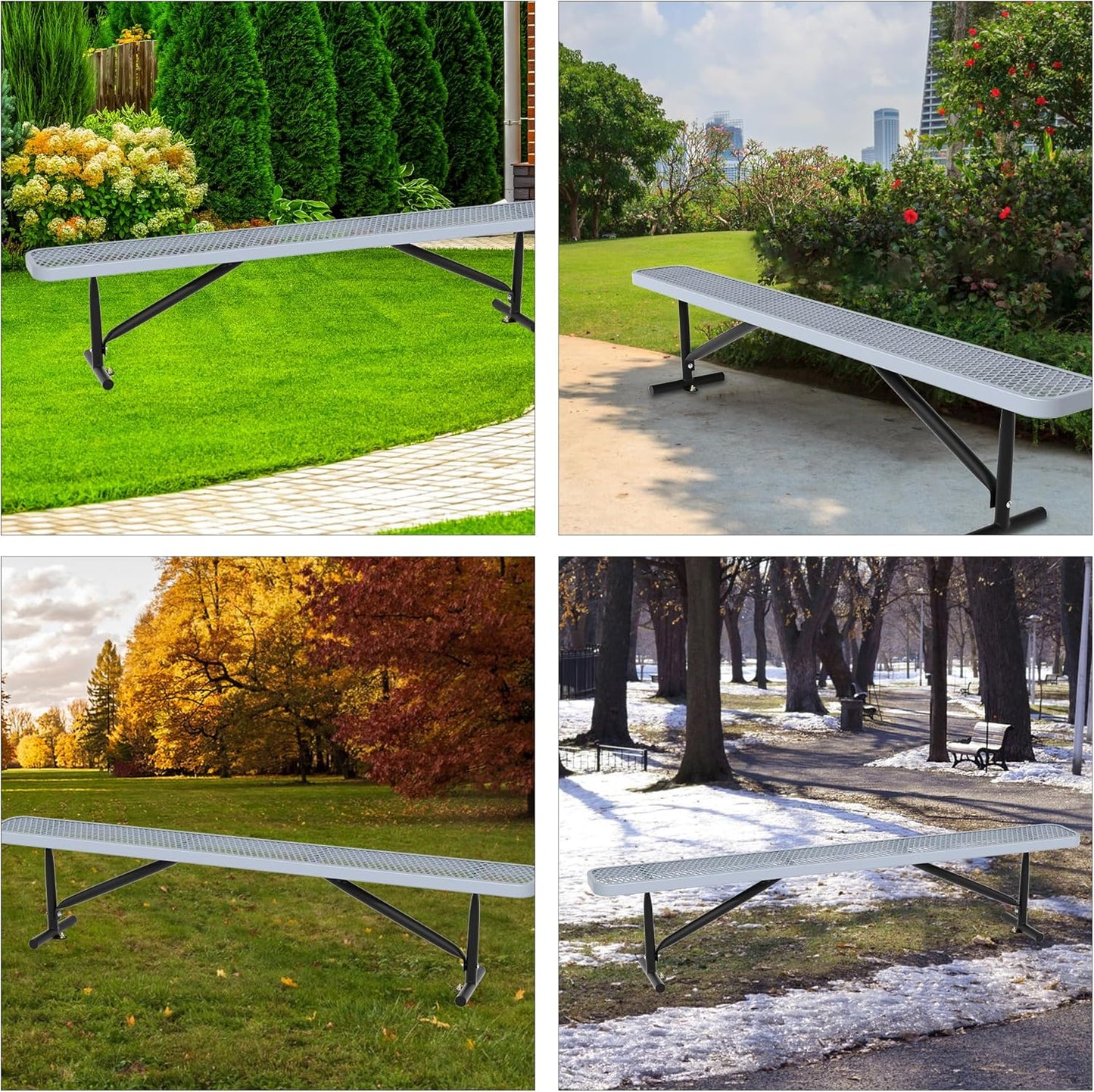 48" L Outdoor Steel Flat Bench, Heavy Duty Metal Park Bench for Outside, Expanded Metal, Commercial Benches Mesh Bench for Shopping Mall, Store, Lawn, Park, Patio, Deck, Garden (Grey, 8FT)