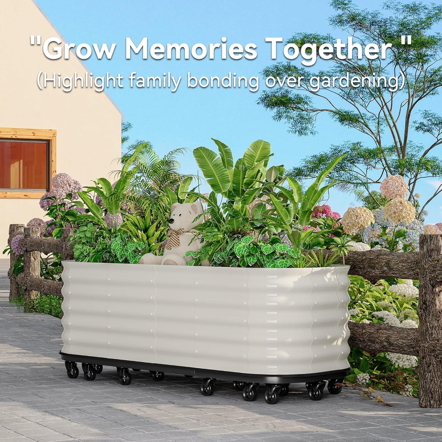 95x24x20in Galvanized Raised Garden Bed with Wheels & Water Reservoir – Durable Outdoor Planter Box, Elevated Raised Beds for Gardening, Portable Garden Box for Indoor/Outdoor Plants,White