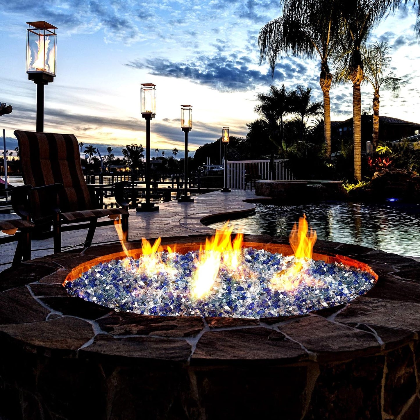 Mr. Fireglass 10 Pounds Blended Fire Glass - 1/4 Inch Mixed Colored High Luster Reflective Tempered Glass Rocks for Fireplace Fire Pit Table Fireplace and Landscaping, Aqua Blue+Cobalt Blue+Platinum