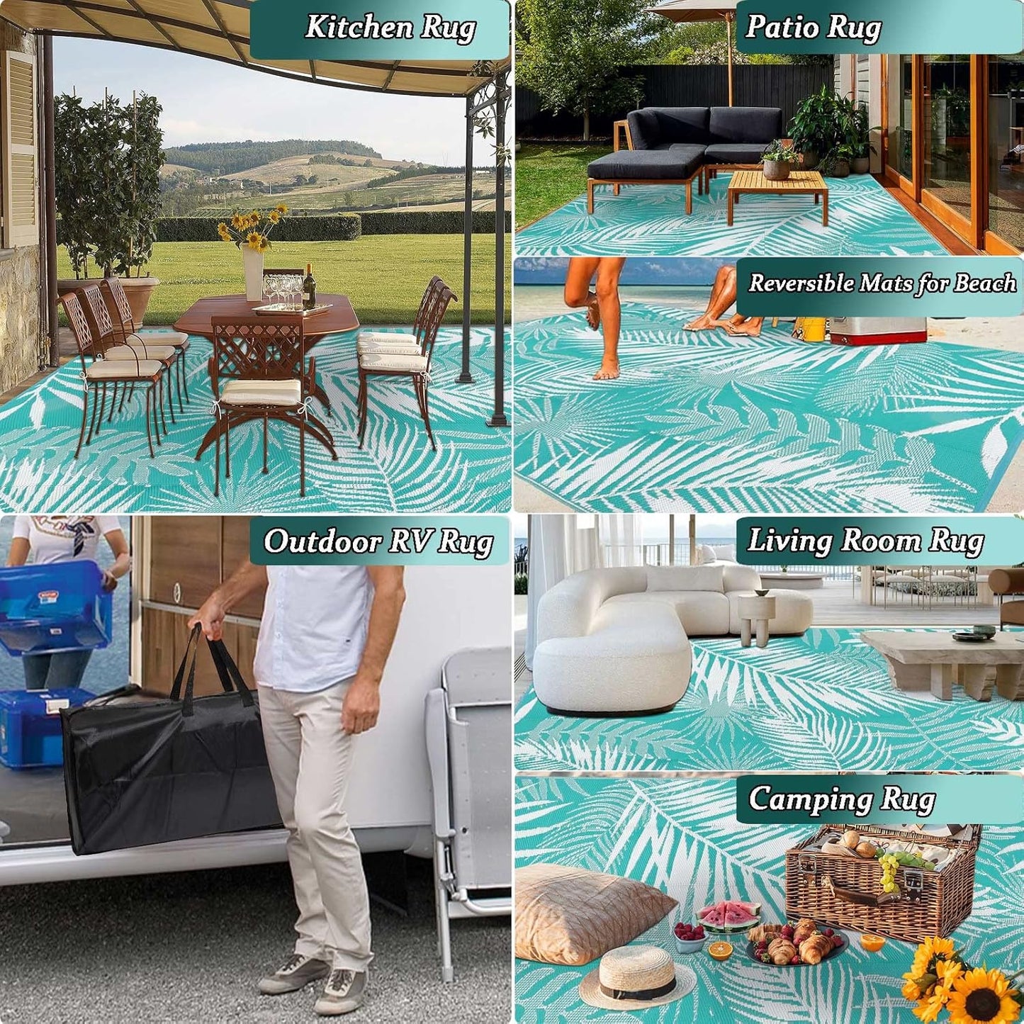 HiiARug Outdoor Rug 6x9Ft Waterproof for Patios Clearance, Reversible Plastic Straw Patio Mat Large Area Rugs RV Mats for Outside Trailers Campers Porch Deck Beach Backyard 