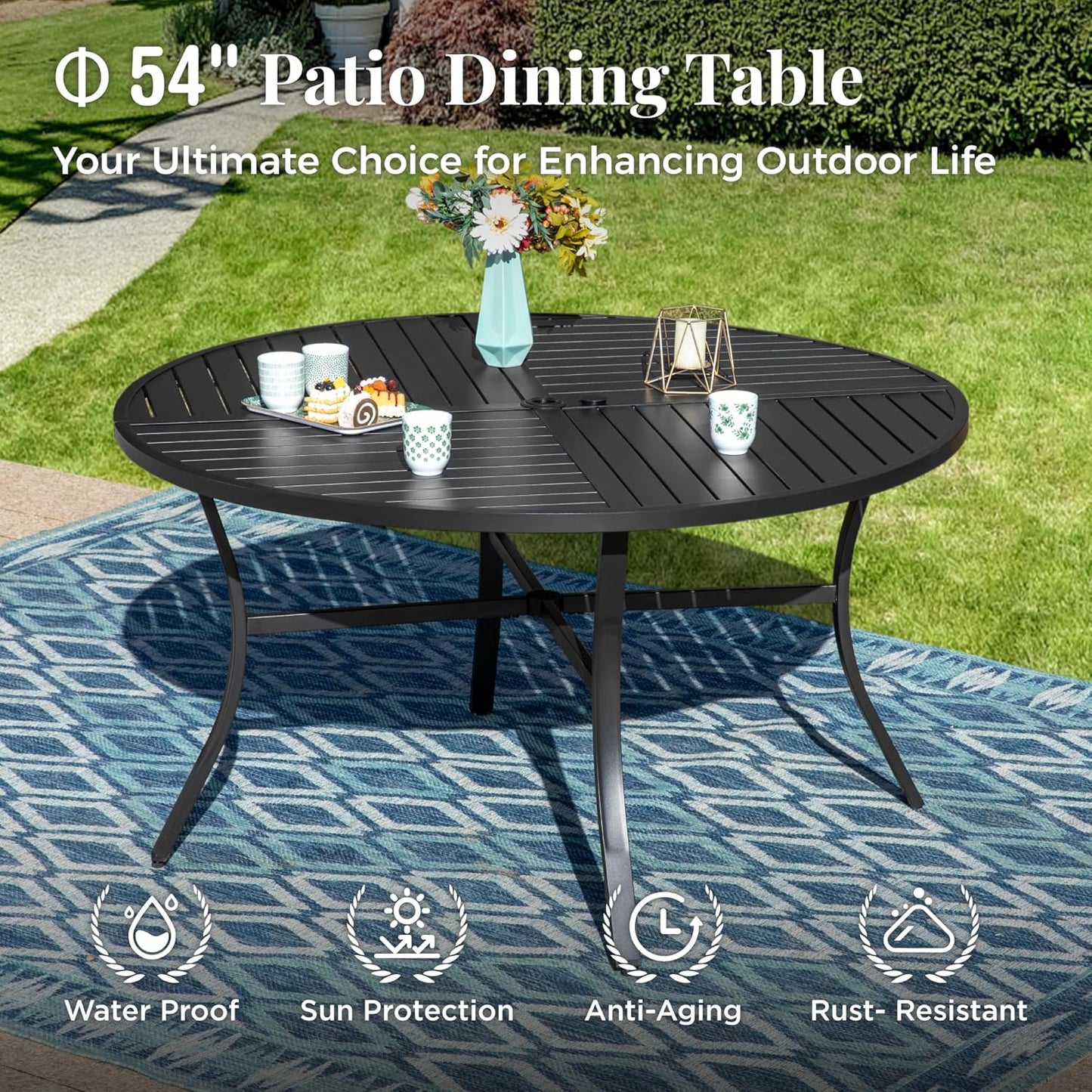 Outdoor Patio Round Dining Table, 54"x 54" Metal Slatted Round Tabletop with Adjustable Umbrella Hole for Deck Lawn Garden Backyard, Black