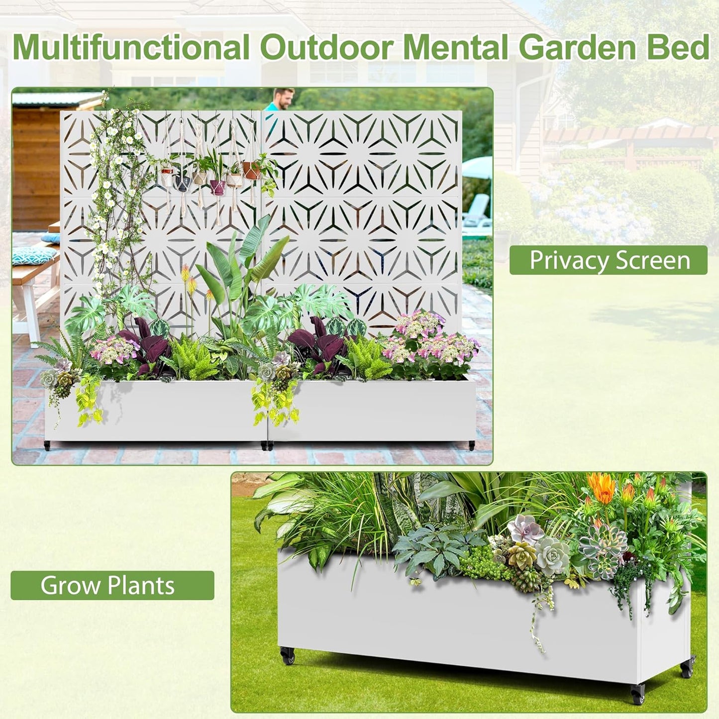 Raised Garden Bed with Trellis and Wheels,73"x47"x16" Metal Raised Garden Bed,White Star Metal Planter with Climbing Trellis for Vines & Vegetables