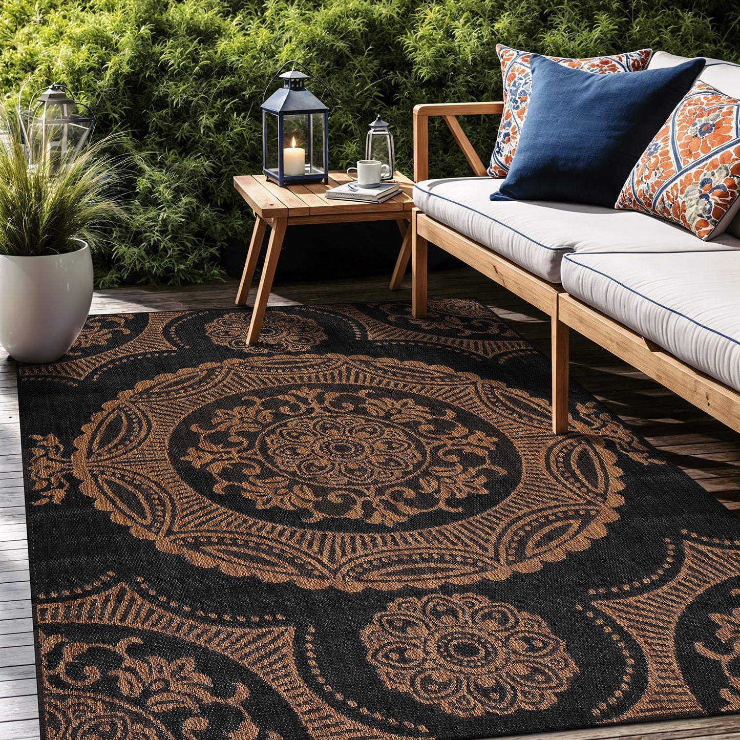 Medallion Outdoor Rug 9x12 Washable Outside Carpet for Indoor Patio Porch Waterproof Easy Cleaning Non Shedding Area Rugs Nut Brown 9 x 12