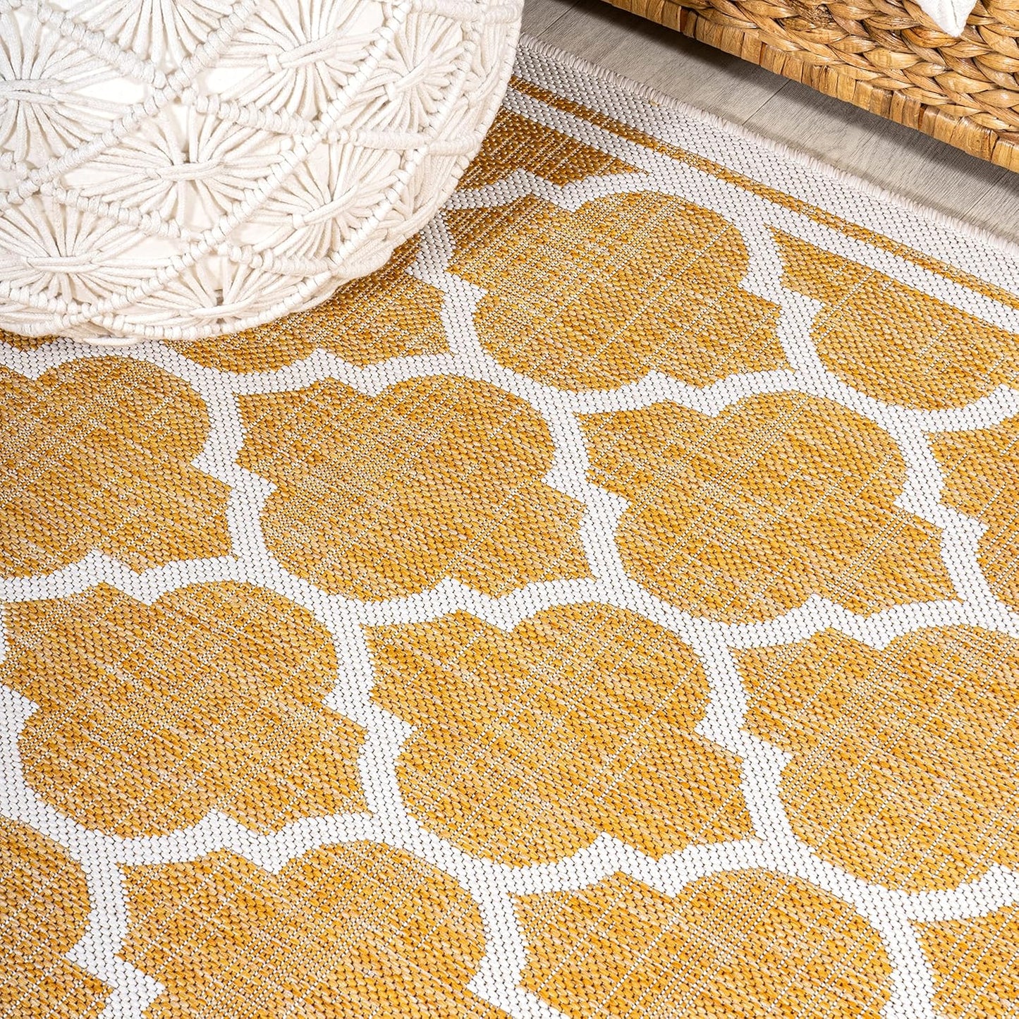 Eyely BMS109F-5SQ Santa Monica Trebol Moroccan Trellis Textured Weave Indoor/Outdoor Area Rug Coastal;Bohemian, Bedroom, Backyard, Patio, Easy-Cleaning, Non-Shedding, 5' Square, Yellow/Cream