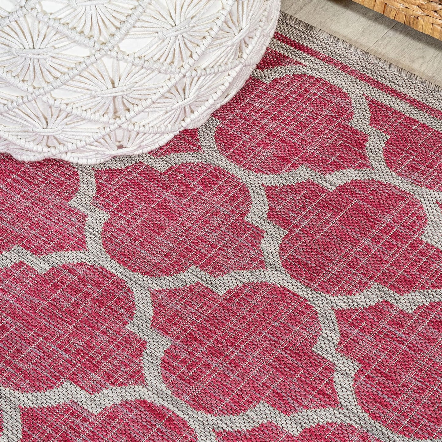 Eyely BMS109H-5SQ Santa Monica Trebol Moroccan Trellis Textured Weave Indoor/Outdoor Area Rug Coastal;Bohemian, Bedroom, Backyard, Patio, Easy-Cleaning, Non-Shedding, 5' Square, Fuchsia/Light Gray