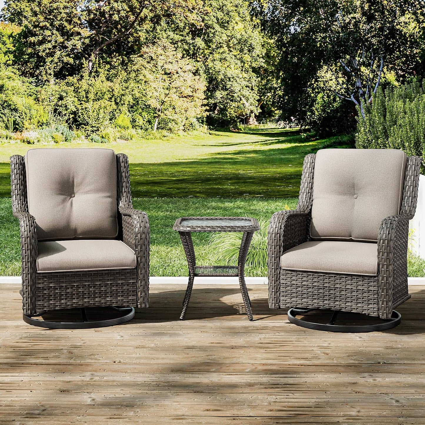 Joyside Outdoor Swivel Rocker Patio Chairs Set of 2 and Matching Side Table - 3 Piece Wicker Patio Bistro Set with Premium Fabric Cushions(Mixed Grey/Beige)