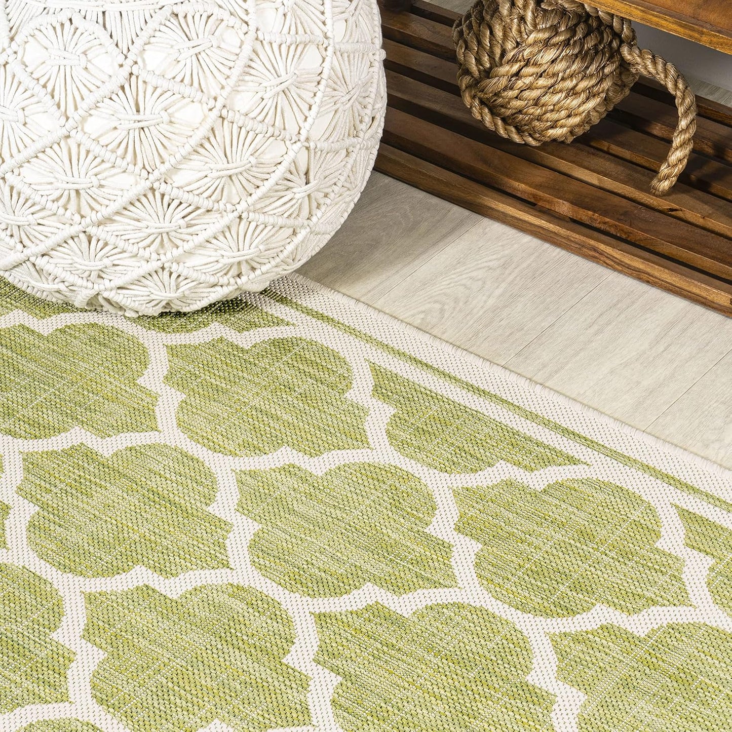 Eyely BMS109G-28 Santa Monica Trebol Moroccan Trellis Textured Weave Indoor/Outdoor Runner Rug Coastal;Bohemian, Bedroom, Backyard, Patio, Easy-Cleaning, Non-Shedding, 2 X 8, Green/Cream