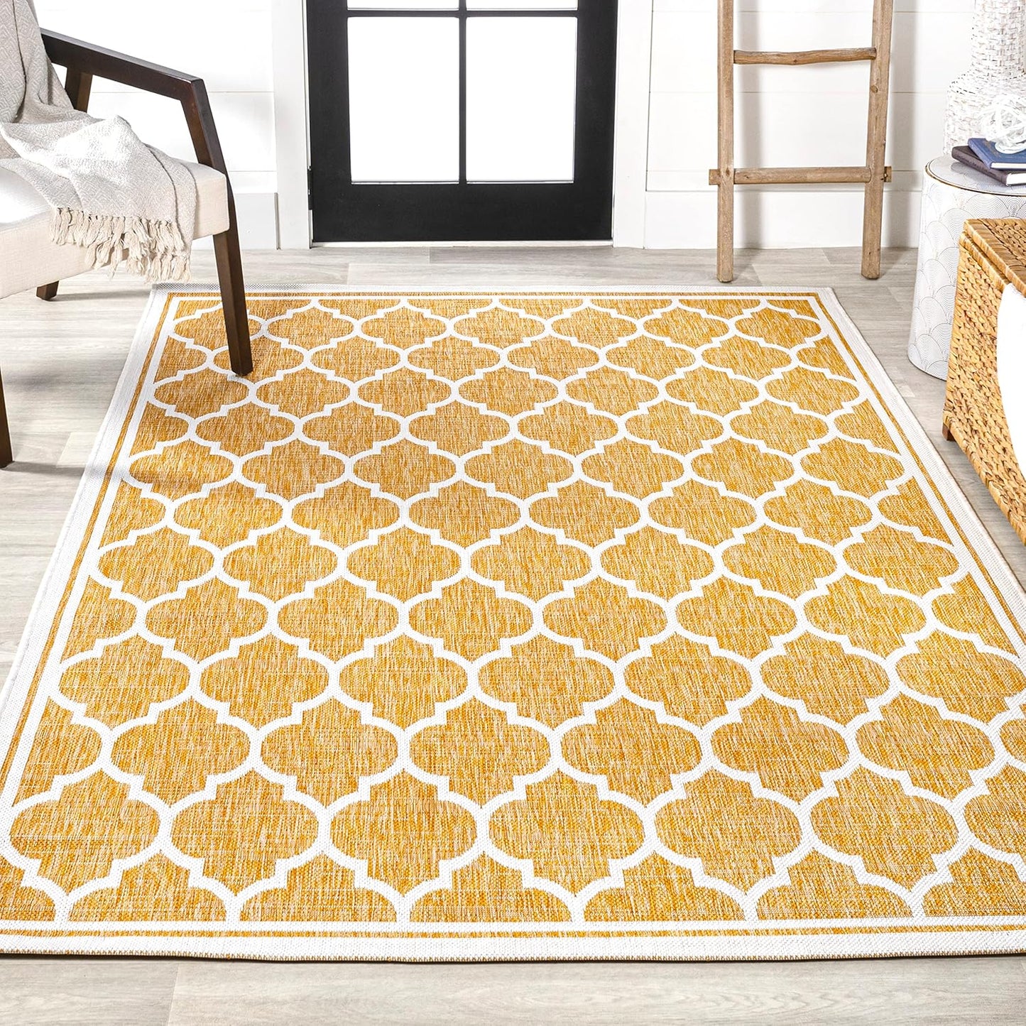 Eyely BMS109F-4 Santa Monica Trebol Moroccan Trellis Textured Weave Indoor/Outdoor Area Rug Coastal;Bohemian, Bedroom, Backyard, Patio, Easy-Cleaning, Non-Shedding, 4 X 6, Yellow/Cream
