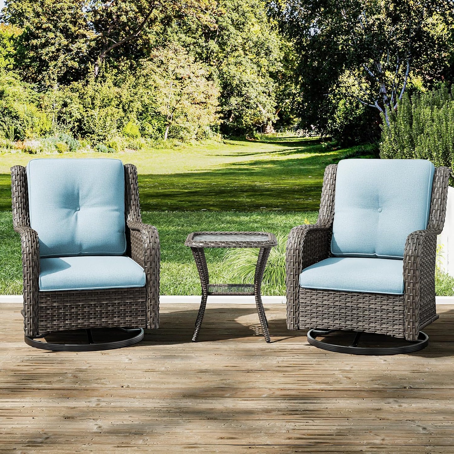 Joyside Outdoor Swivel Rocker Patio Chairs Set of 2 and Matching Side Table - 3 Piece Wicker Patio Bistro Set with Premium & Soft Fabric Cushions(Mixed Grey/Aqua)