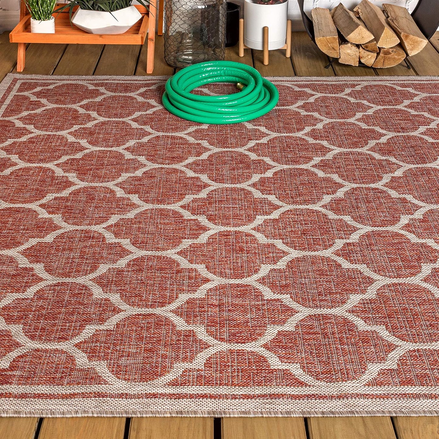 Eyely BMS109C-5 Santa Monica Trebol Moroccan Trellis Textured Weave Indoor/Outdoor Area Rug Coastal;Bohemian, Bedroom, Backyard, Patio, Easy-Cleaning, Non-Shedding, 5 X 8, Red/Beige