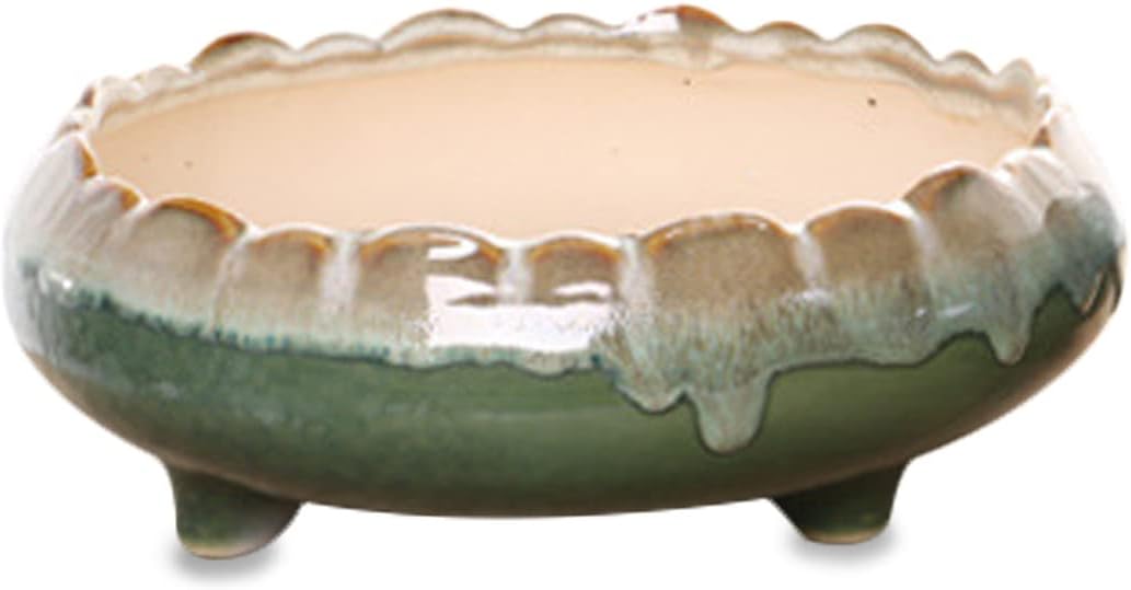 Dahlia 8.3'' Inch Large Shallow Drip Glazed Ceramic Planter/Succulent Pot/Plant Pot, Green
