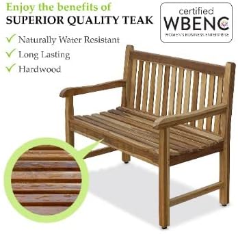 EcoDecors Hampstead 51 inch Heath Outdoor Bench Teak Wood Garden Bench for Patio with Armrests and Backrest for Indoor Use and Outdoor, in Natural Color