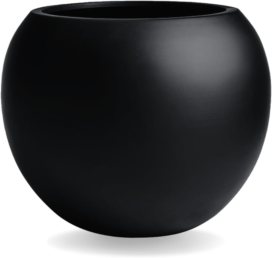 9.7" H x 12" D Globo Fiberstone Round Planter with Drainage Hole, Weather Resistant, Smooth Finish, Planters for Indoor Plants & Outdoor, 2 Extra Coco Mats (Black, 7.8" Pot Opening)