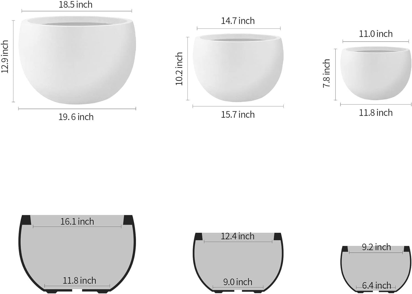Kante 19.9",15.7",11.8" Dia Round Concrete Planter Set of 3, Outdoor/Indoor Large Bowl Plant Pots with Drainage Hole and Rubber Plug for Garden Patio Balcony Home, Pure White