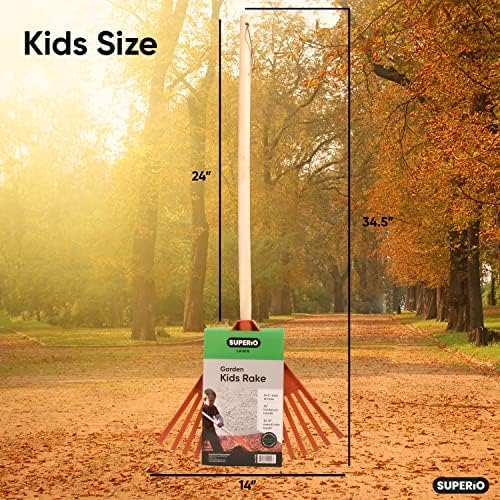 Orange Kids Size Rake, Kids Rake for Lawn with Hardwood Handle, Durable Plastic Head to Sweep Leaves on Lawn and Tidying Up The Garden, 34" by Superio