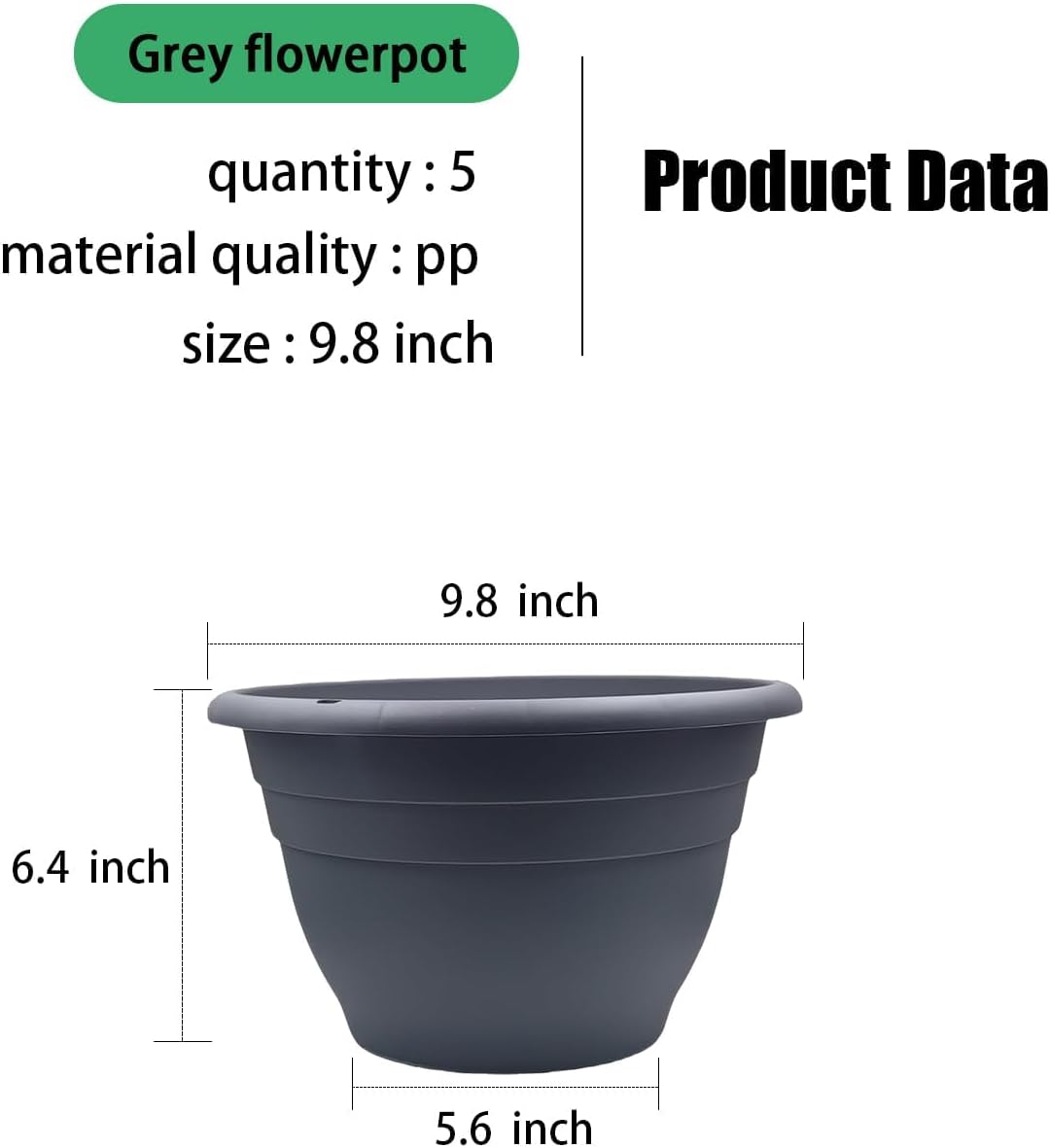 Plant Pots Set of 5, 10" Outside Diameter Flower Pots, 8.5" Inner Diameter Planters with Drainage Hole, Durable Garden Pots Perfect for Indoor & Outdoor Plant Planting, Decor, Gray